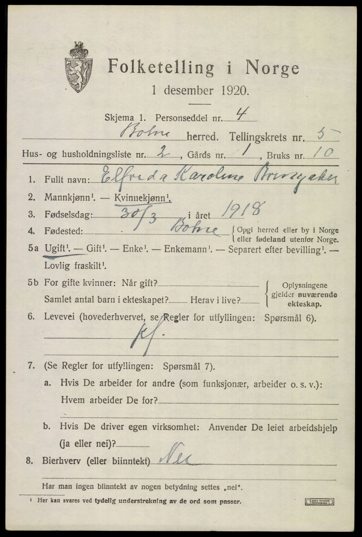 SAKO, 1920 census for Botne, 1920, p. 4249