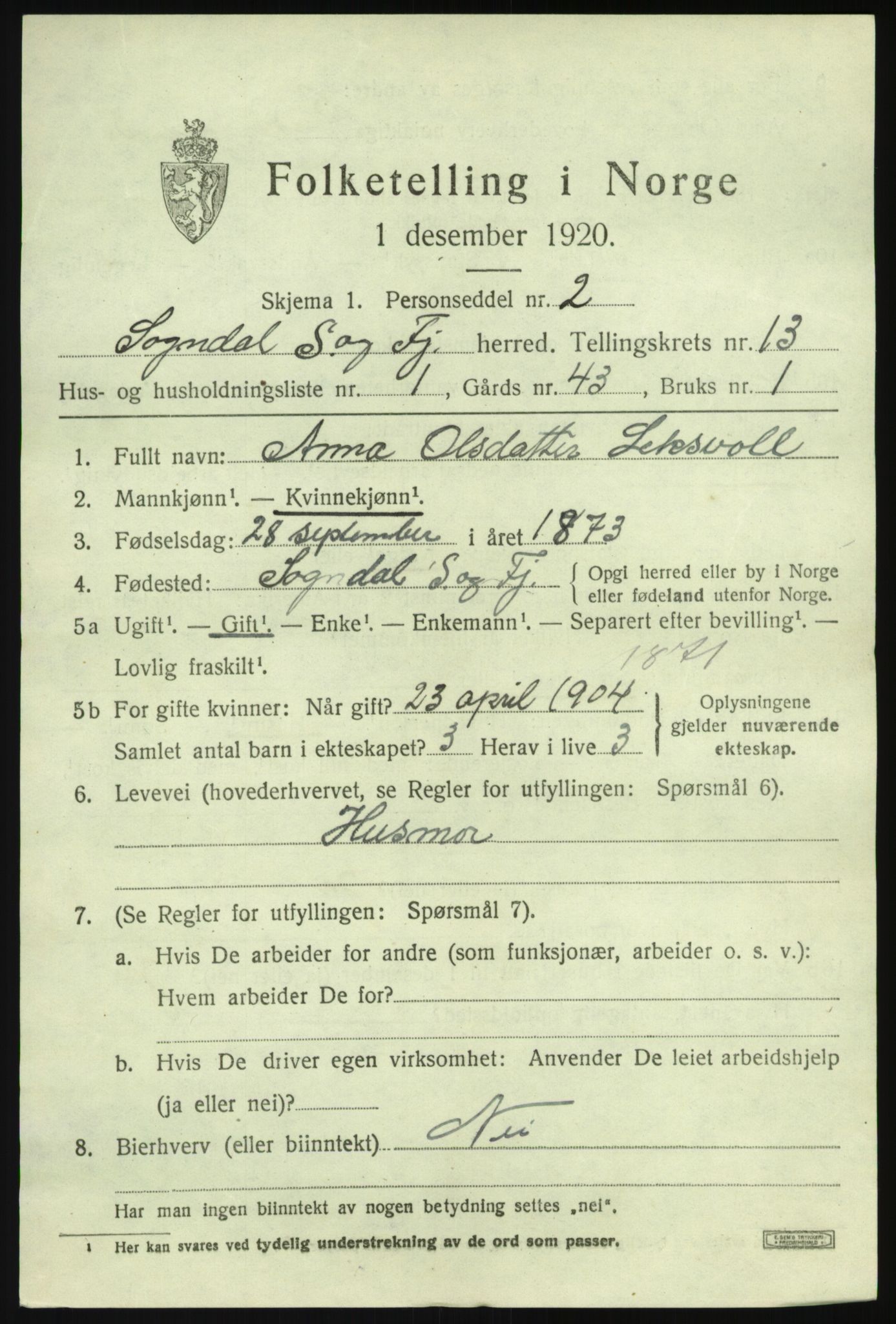 SAB, 1920 census for Sogndal, 1920, p. 5429