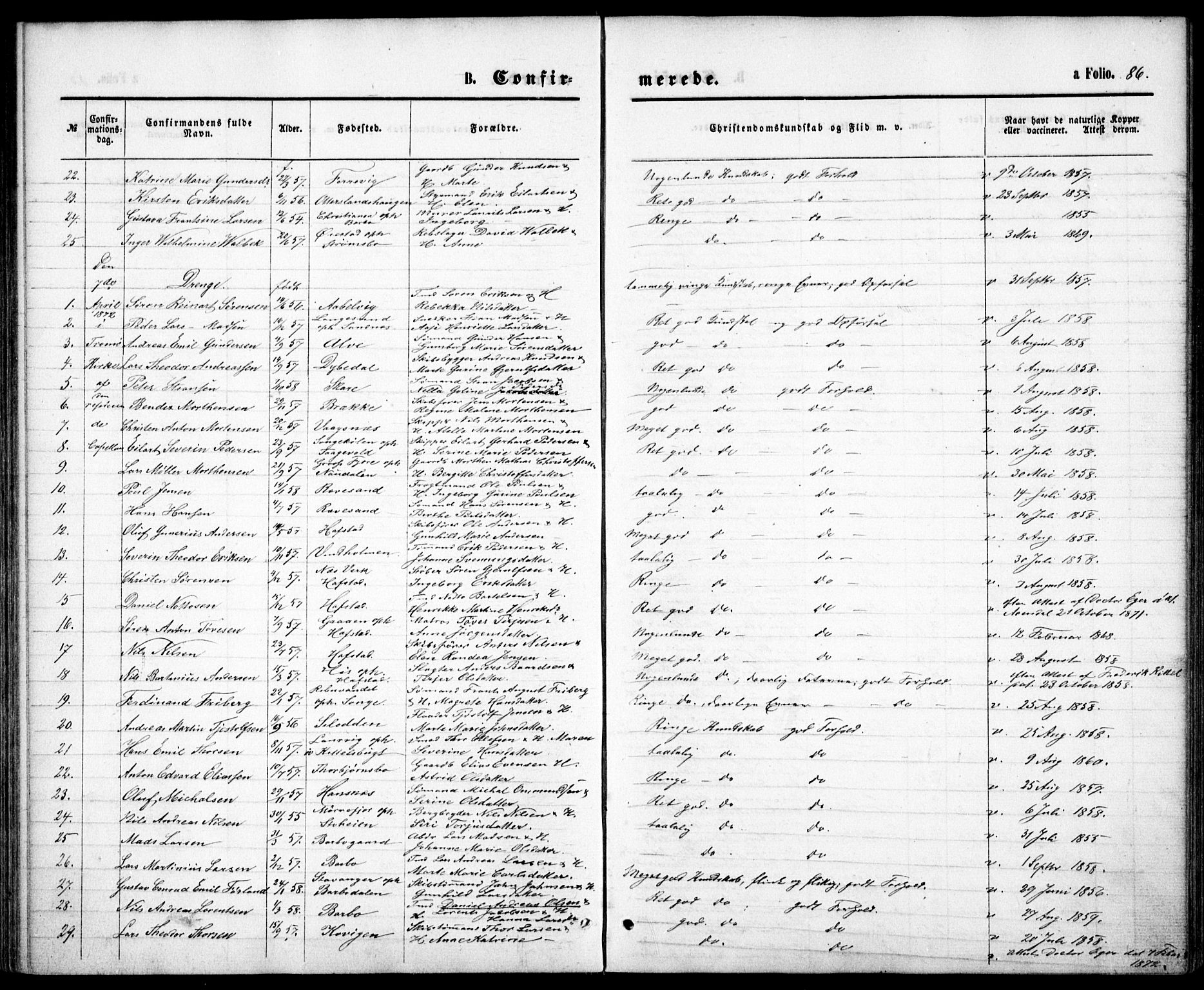 Tromøy sokneprestkontor, SAK/1111-0041/F/Fb/L0004: Parish register (copy) no. B 4, 1869-1877, p. 86