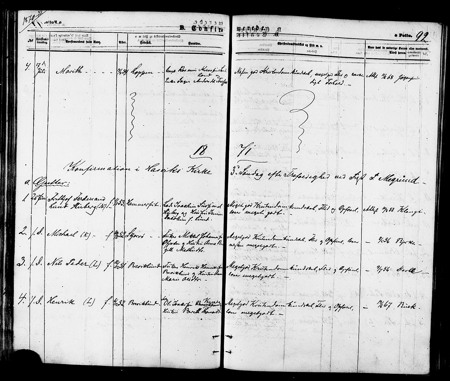 Loppa sokneprestkontor, SATØ/S-1339/H/Ha/L0005kirke: Parish register (official) no. 5, 1869-1878, p. 92