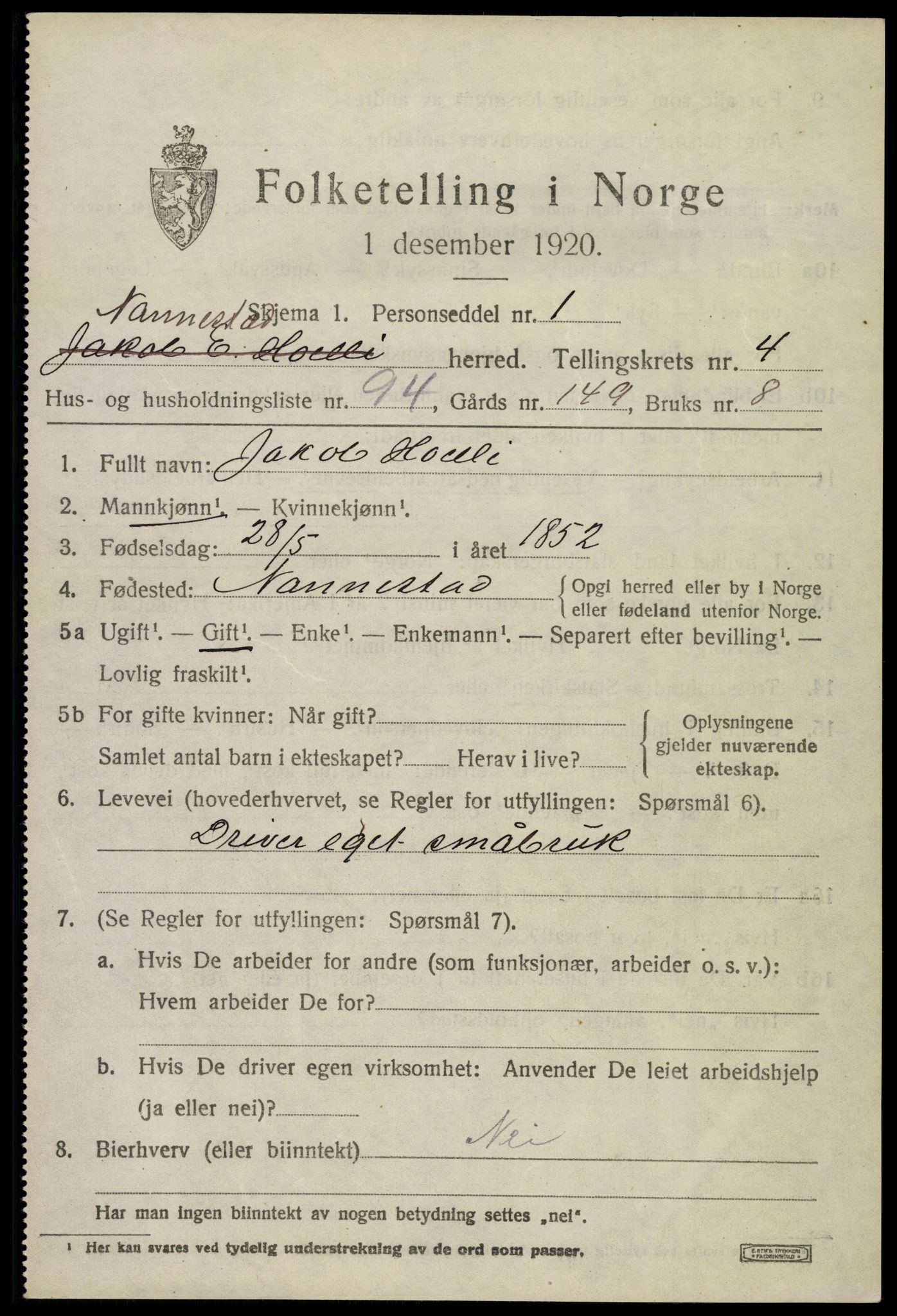 SAO, 1920 census for Nannestad, 1920, p. 6031