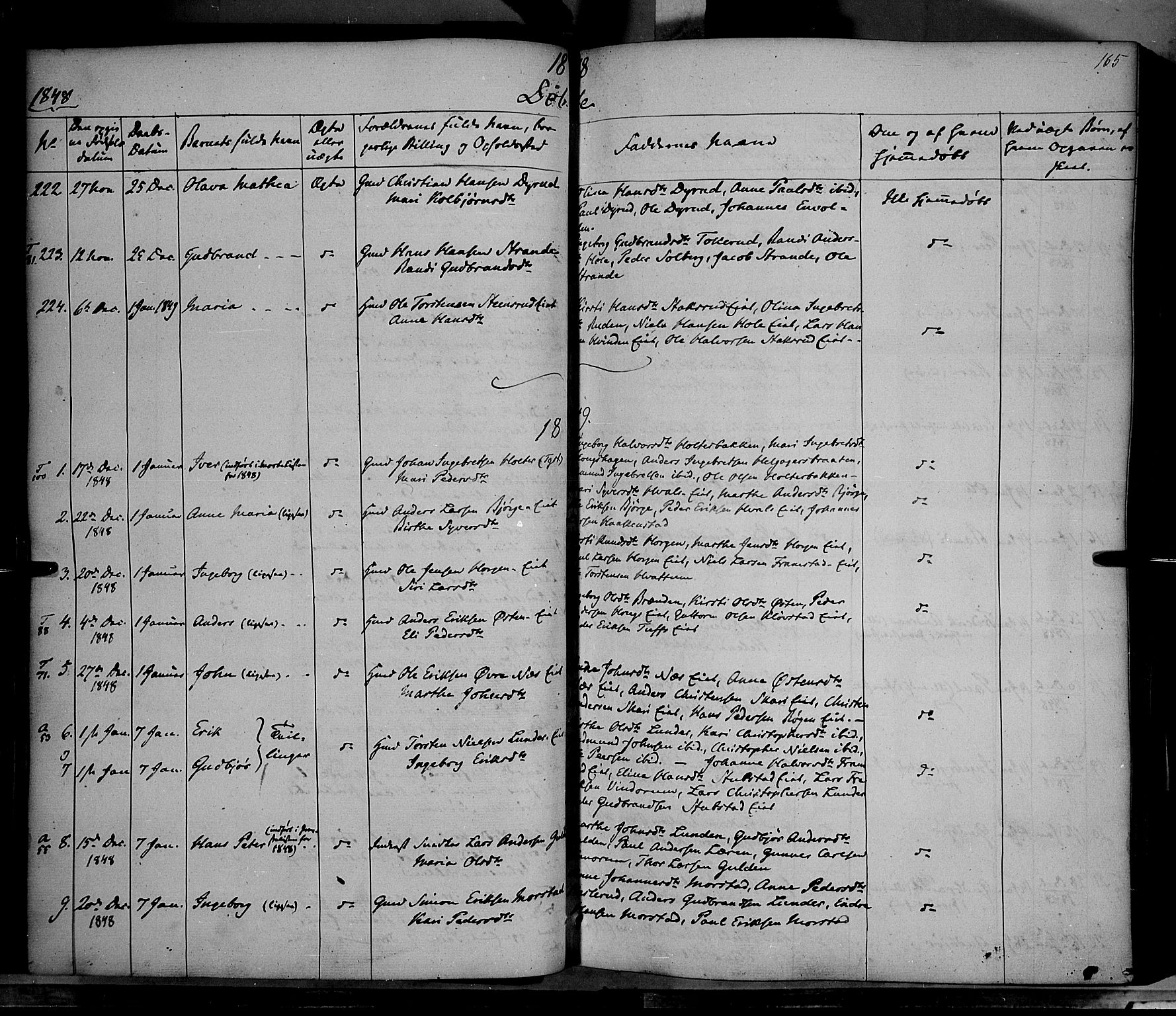 Gran prestekontor, SAH/PREST-112/H/Ha/Haa/L0011: Parish register (official) no. 11, 1842-1856, p. 164-165