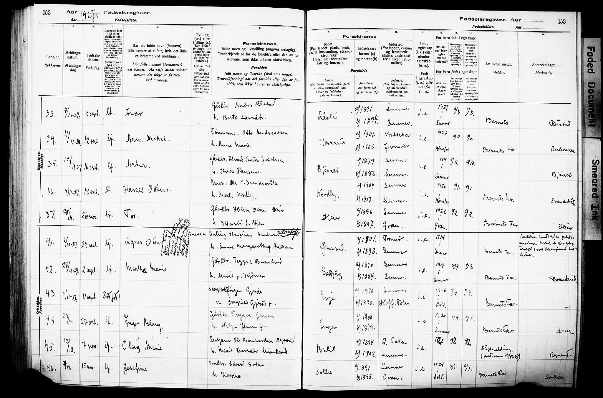 Lunner prestekontor, AV/SAH-PREST-118/I/Id/L0001: Birth register no. 1, 1916-1932, p. 153