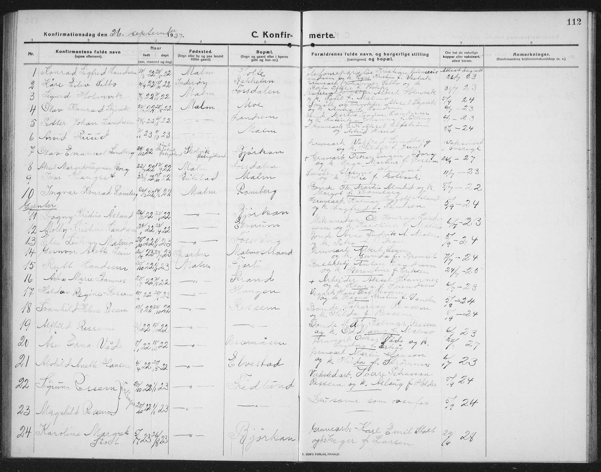 Ministerialprotokoller, klokkerbøker og fødselsregistre - Nord-Trøndelag, SAT/A-1458/745/L0434: Parish register (copy) no. 745C03, 1914-1937, p. 112