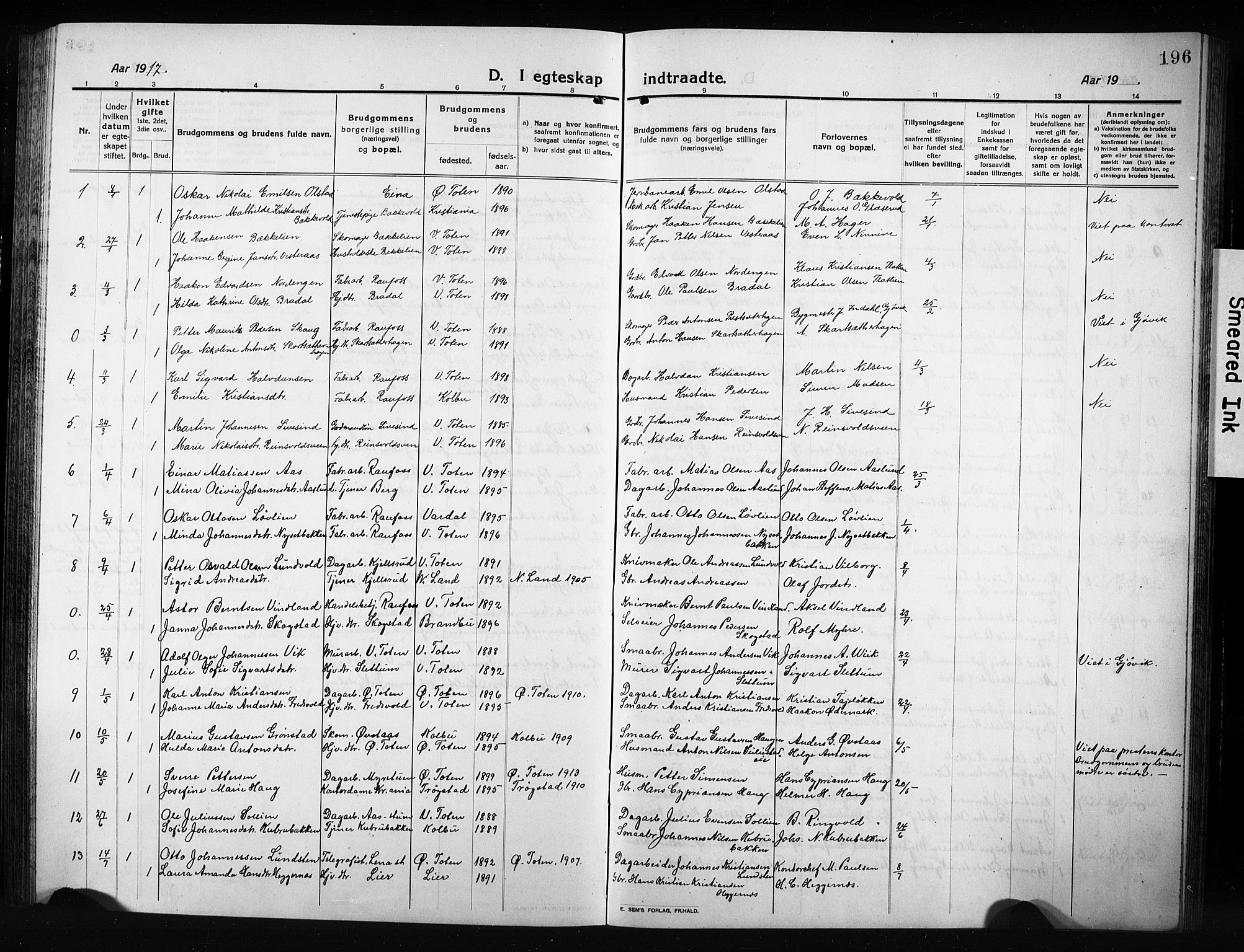 Vestre Toten prestekontor, SAH/PREST-108/H/Ha/Hab/L0012: Parish register (copy) no. 12, 1909-1928, p. 196