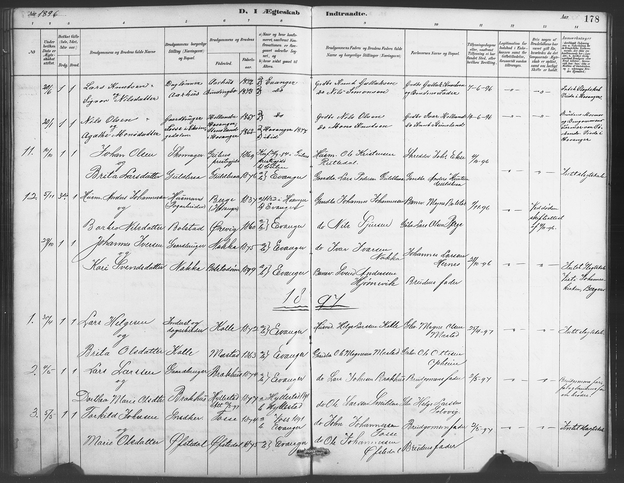 Evanger sokneprestembete, SAB/A-99924: Parish register (copy) no. A 4, 1887-1897, p. 178