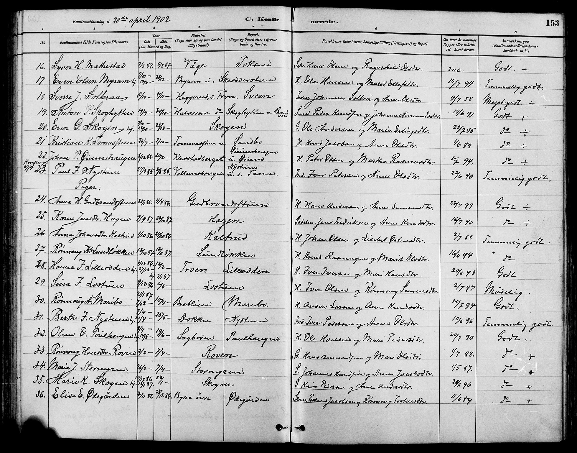 Nord-Fron prestekontor, SAH/PREST-080/H/Ha/Hab/L0004: Parish register (copy) no. 4, 1884-1914, p. 153