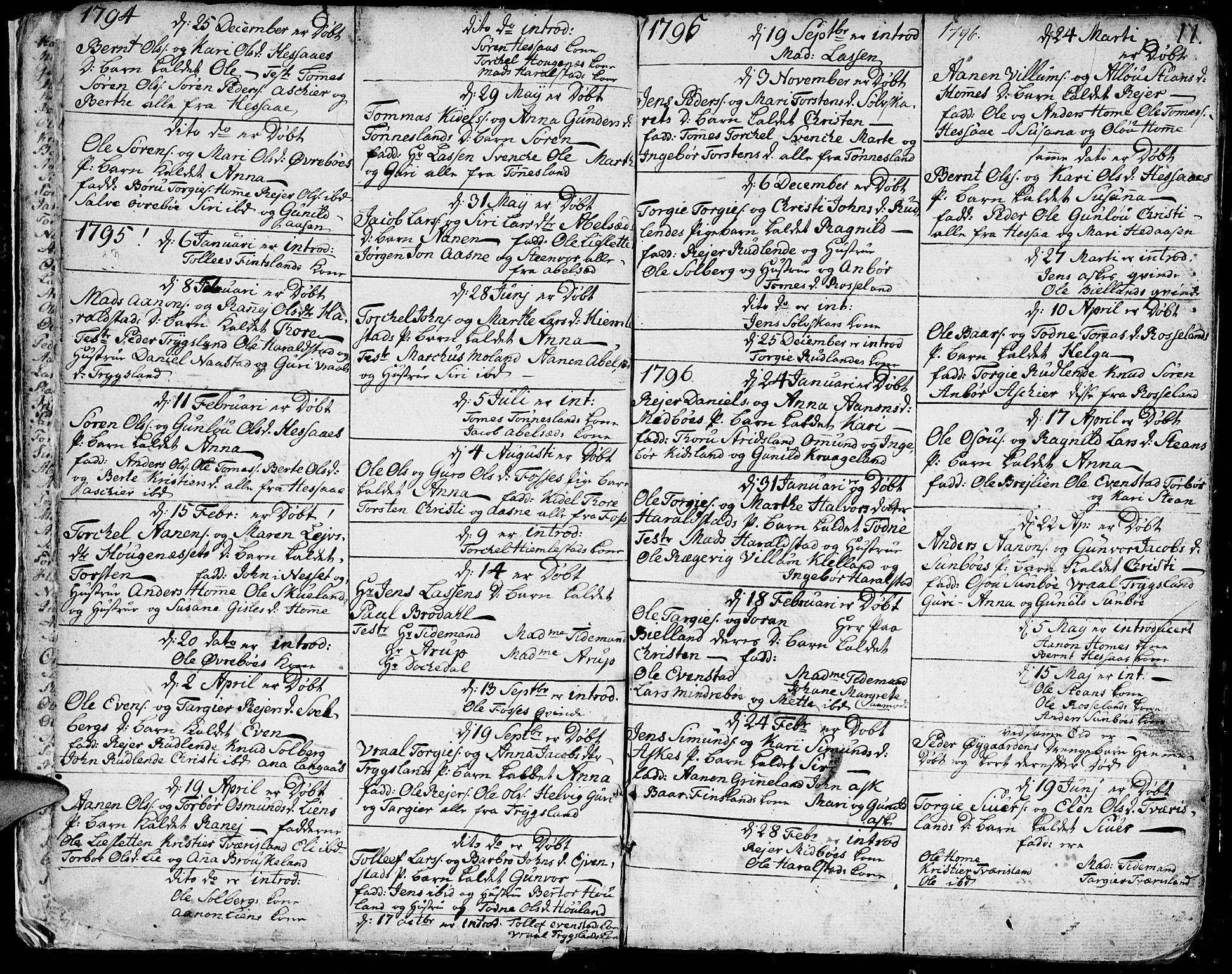 Bjelland sokneprestkontor, SAK/1111-0005/F/Fa/Faa/L0001: Parish register (official) no. A 1 /1, 1793-1815, p. 11