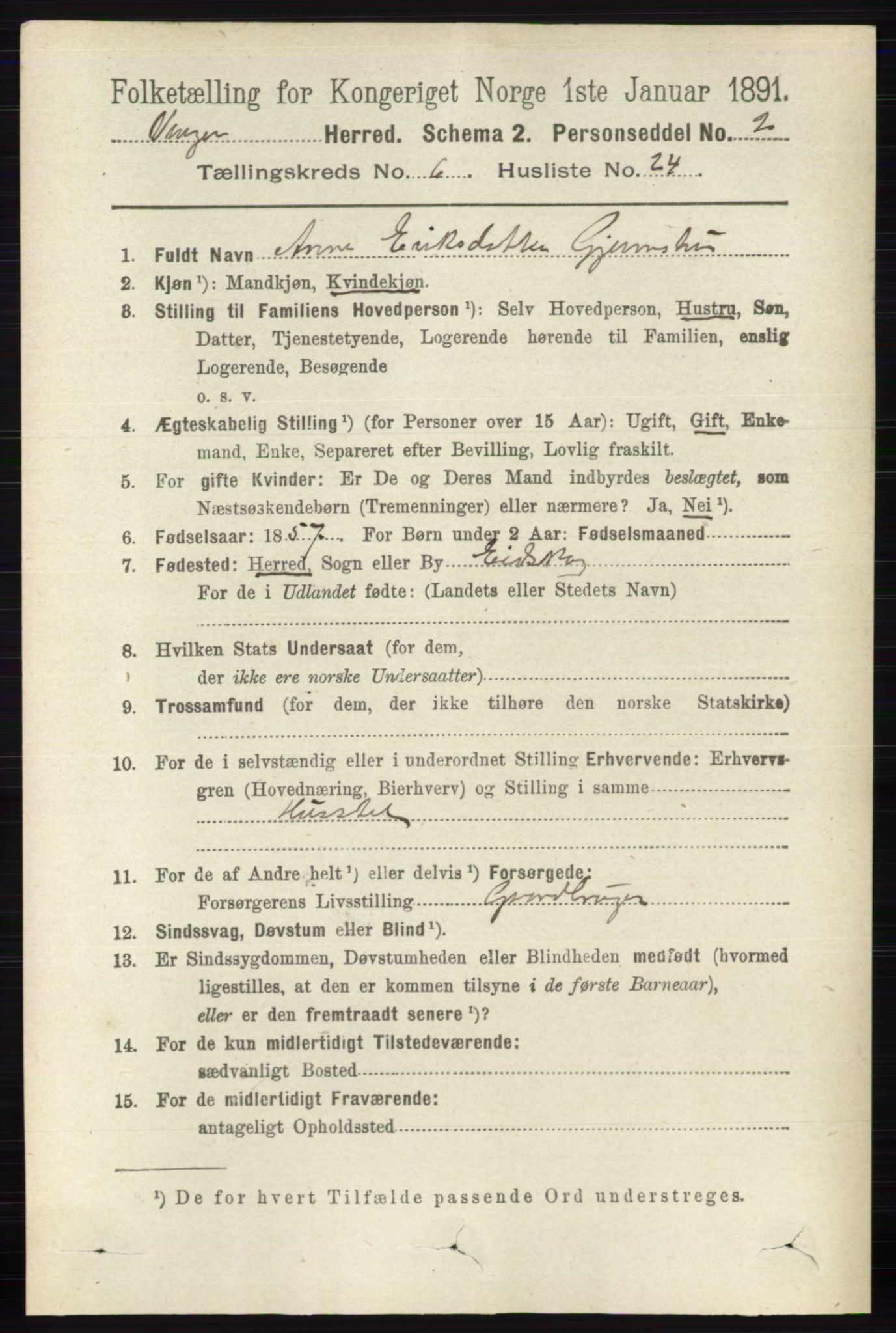 RA, 1891 census for 0421 Vinger, 1891, p. 2750