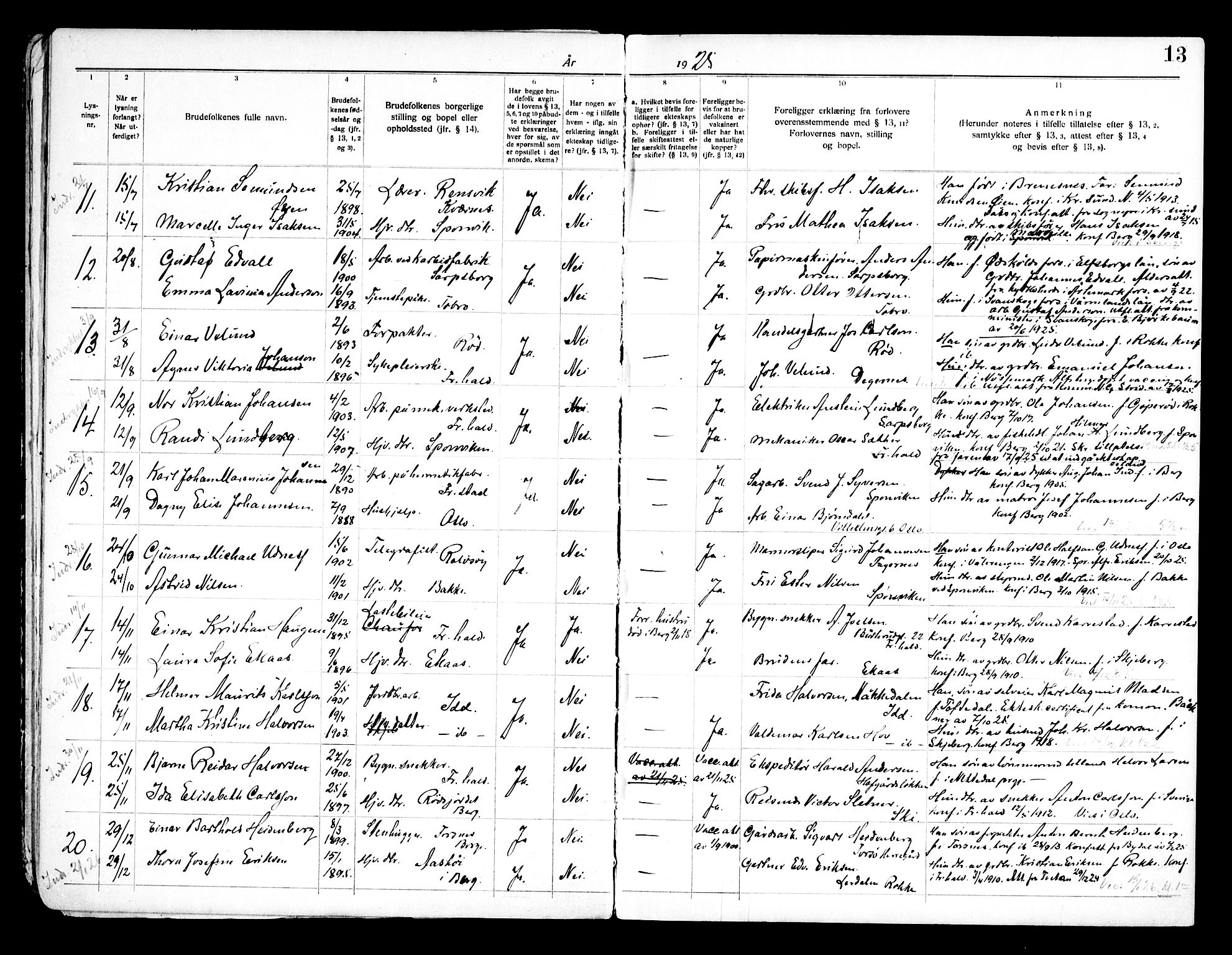 Berg prestekontor Kirkebøker, AV/SAO-A-10902/H/Ha/L0002: Banns register no. I 2, 1919-1966, p. 13