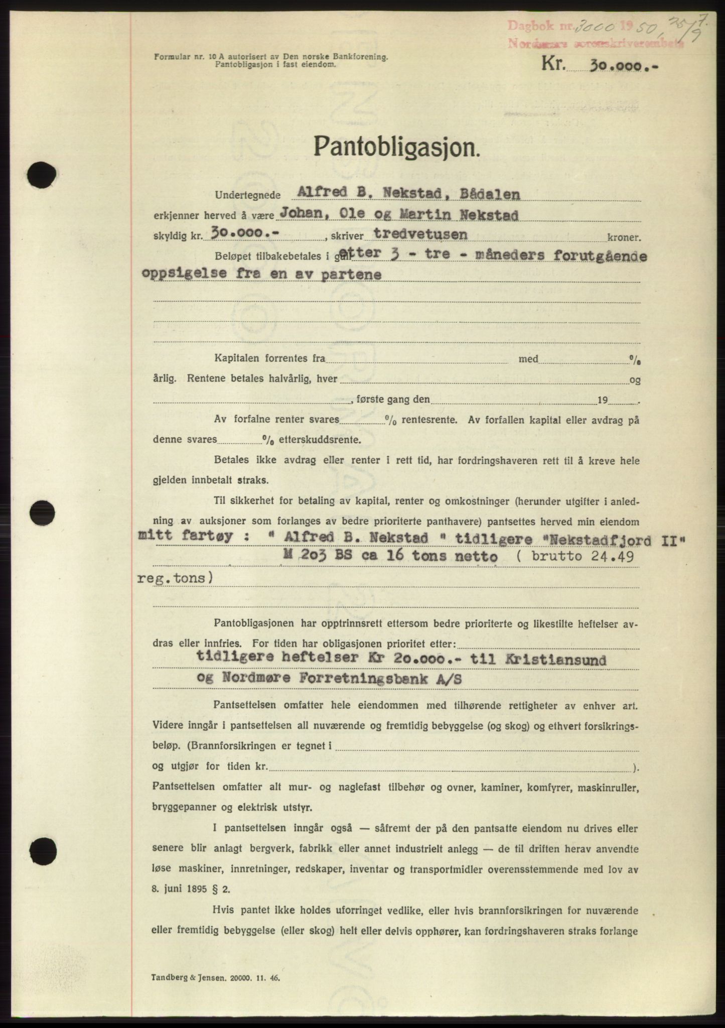 Nordmøre sorenskriveri, AV/SAT-A-4132/1/2/2Ca: Mortgage book no. B106, 1950-1950, Diary no: : 3000/1950