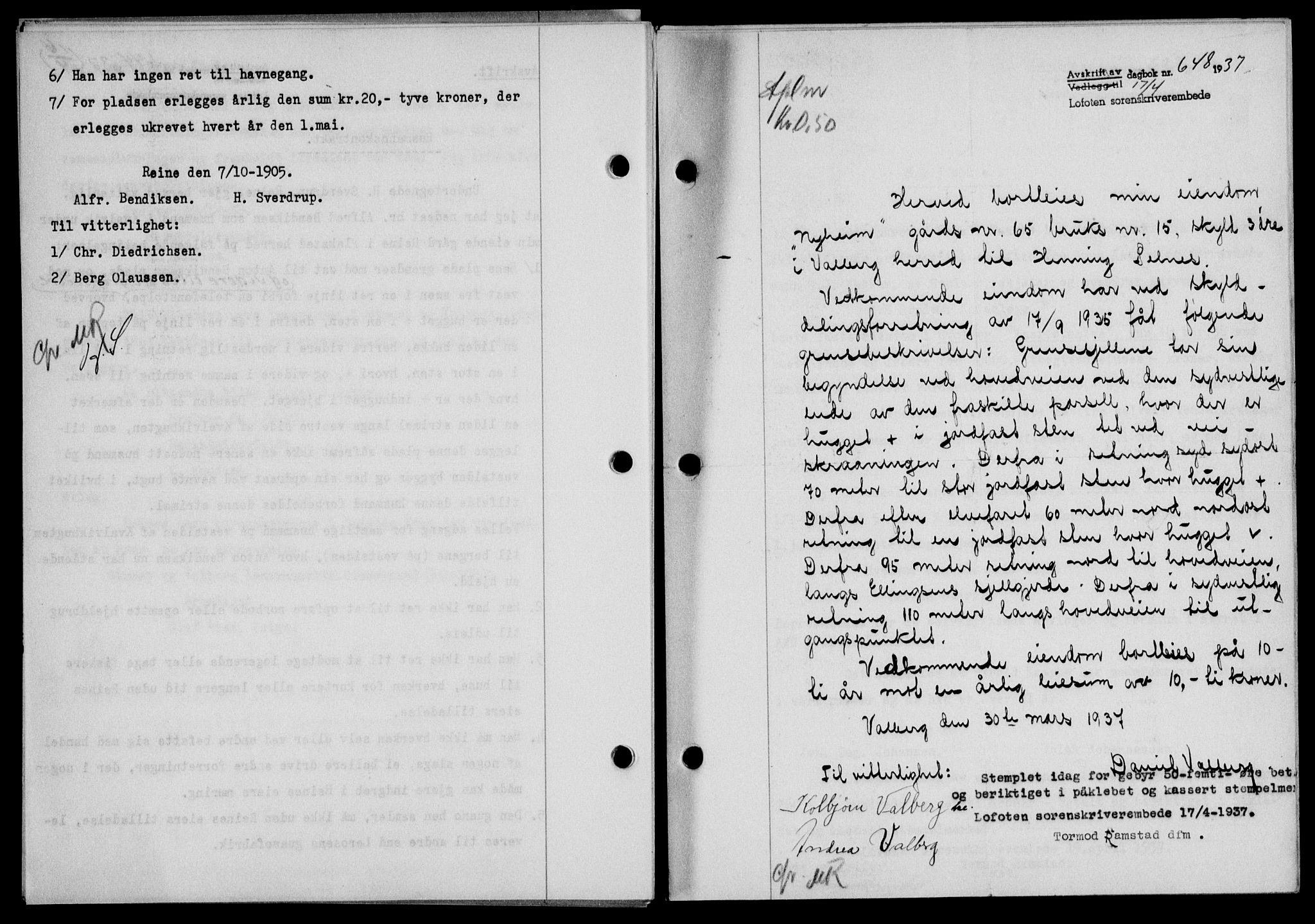 Lofoten sorenskriveri, SAT/A-0017/1/2/2C/L0002a: Mortgage book no. 2a, 1937-1937, Diary no: : 648/1937