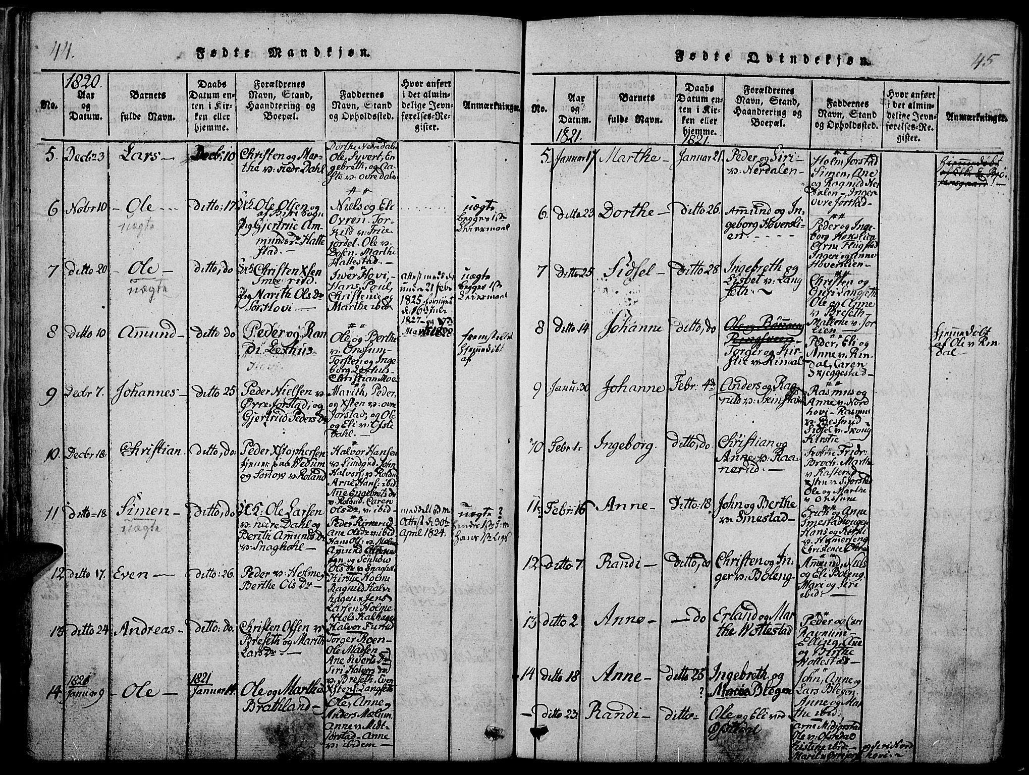 Fåberg prestekontor, SAH/PREST-086/H/Ha/Haa/L0003: Parish register (official) no. 3, 1818-1833, p. 44-45