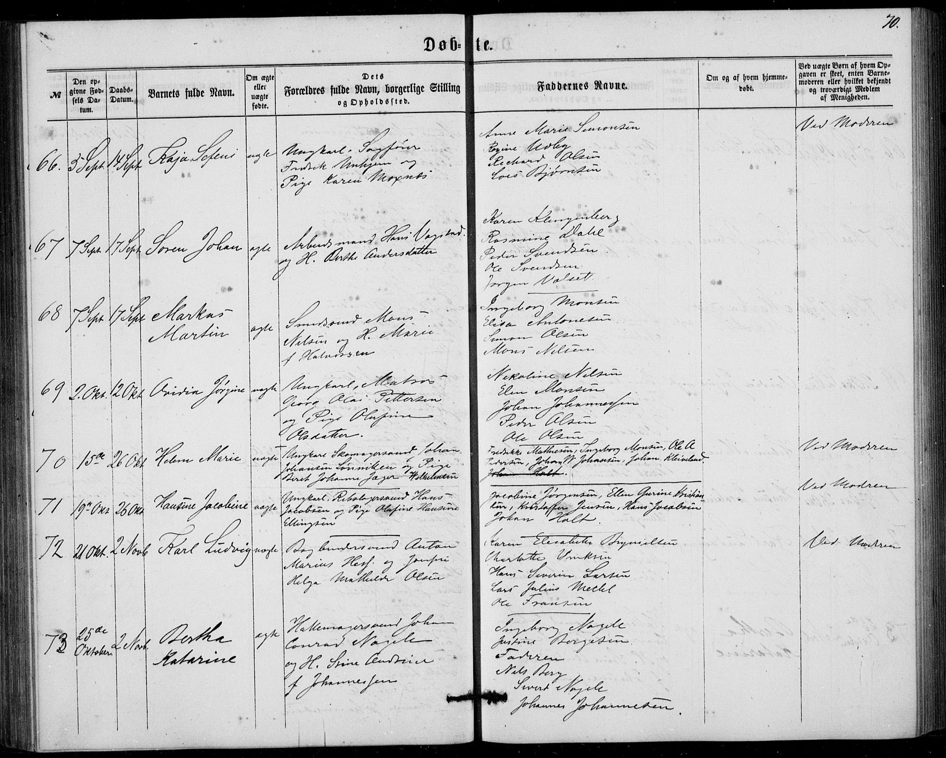 Fødselsstiftelsens sokneprestembete, ført av overlegen*, SAB/-: Parish register (official) no. A 1, 1863-1883, p. 70
