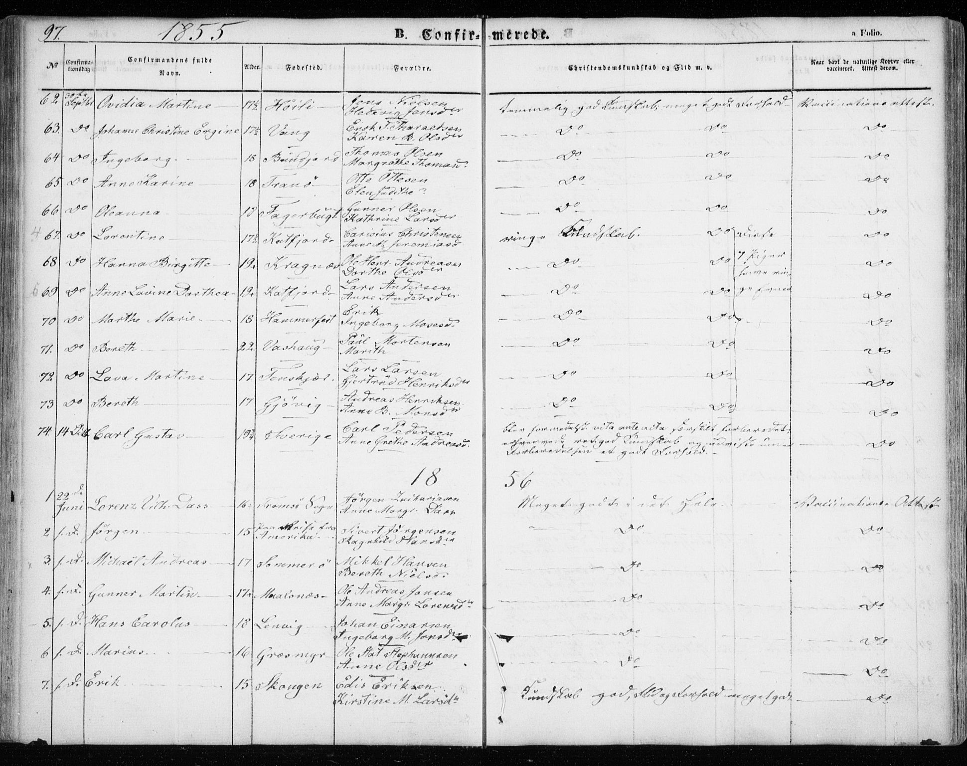 Lenvik sokneprestembete, SATØ/S-1310/H/Ha/Haa/L0007kirke: Parish register (official) no. 7, 1855-1865, p. 97