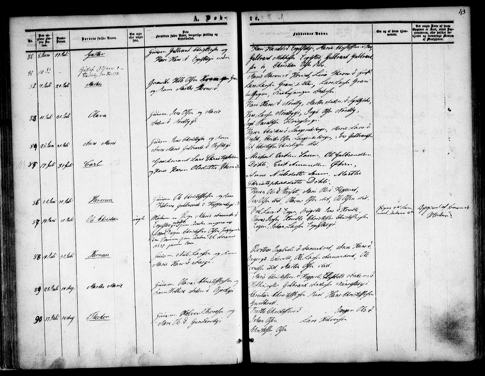 Nannestad prestekontor Kirkebøker, SAO/A-10414a/F/Fa/L0011: Parish register (official) no. I 11, 1850-1859, p. 43