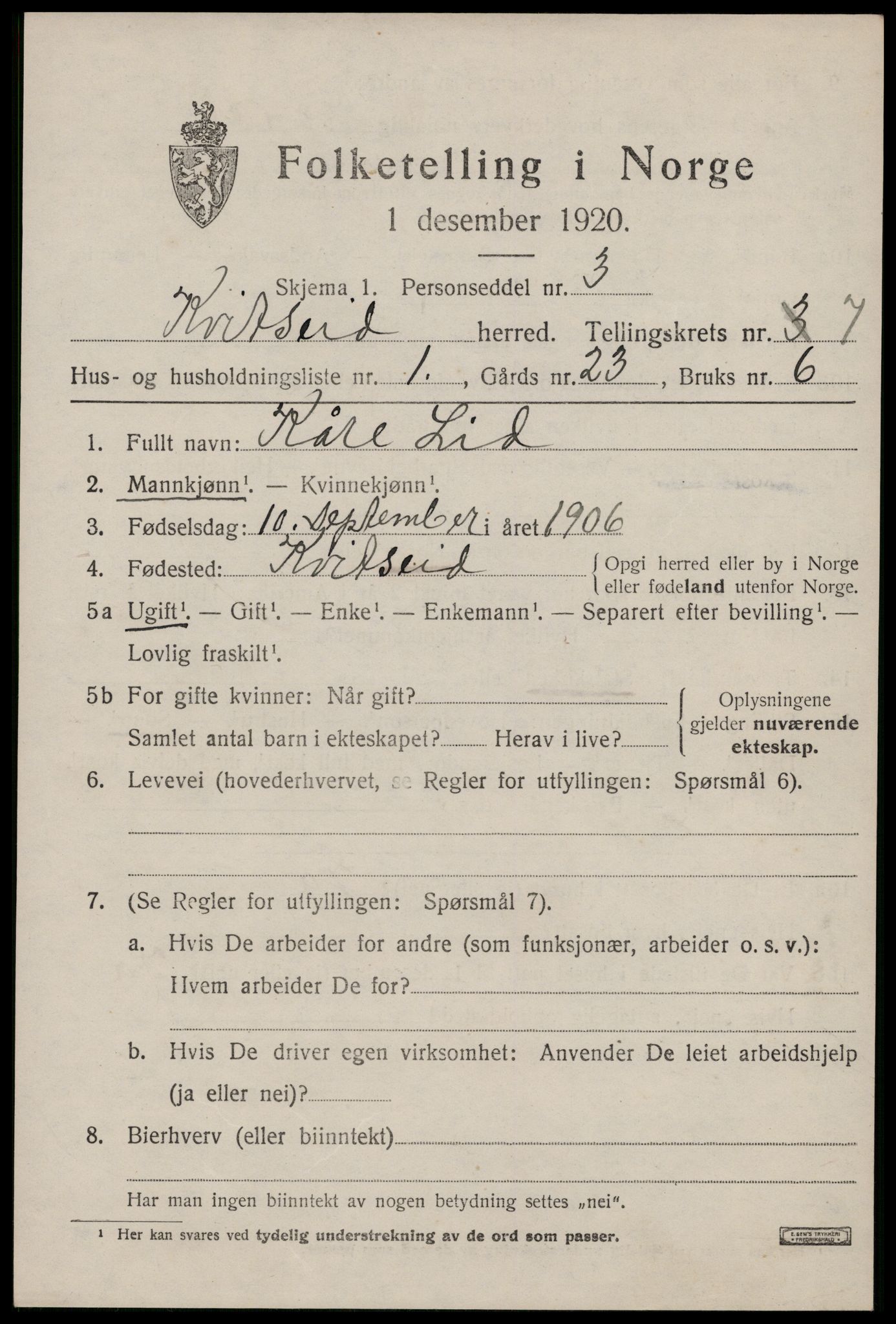 SAKO, 1920 census for Kviteseid, 1920, p. 3519