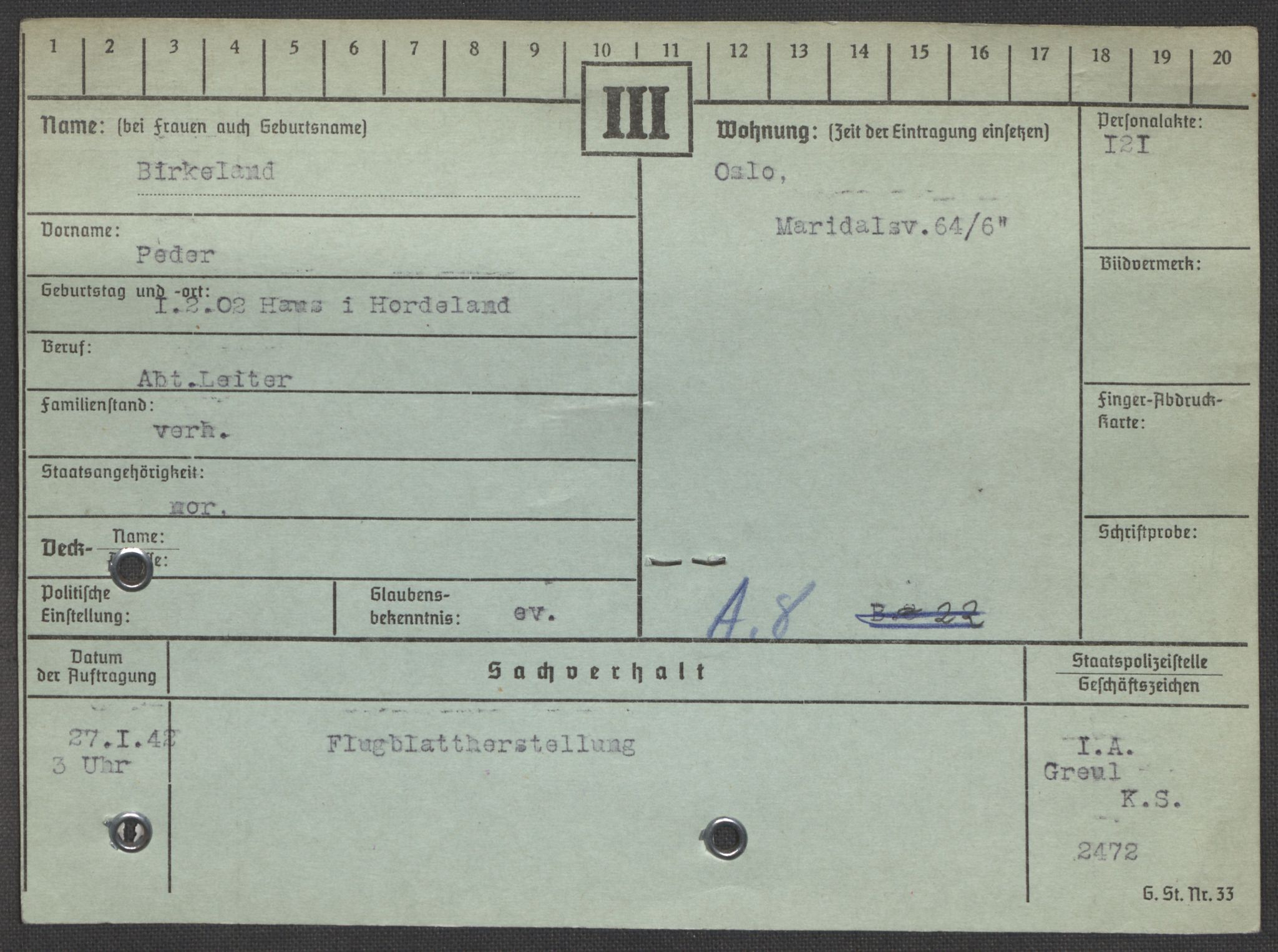 Befehlshaber der Sicherheitspolizei und des SD, RA/RAFA-5969/E/Ea/Eaa/L0001: Register over norske fanger i Møllergata 19: A-Bj, 1940-1945, p. 1203