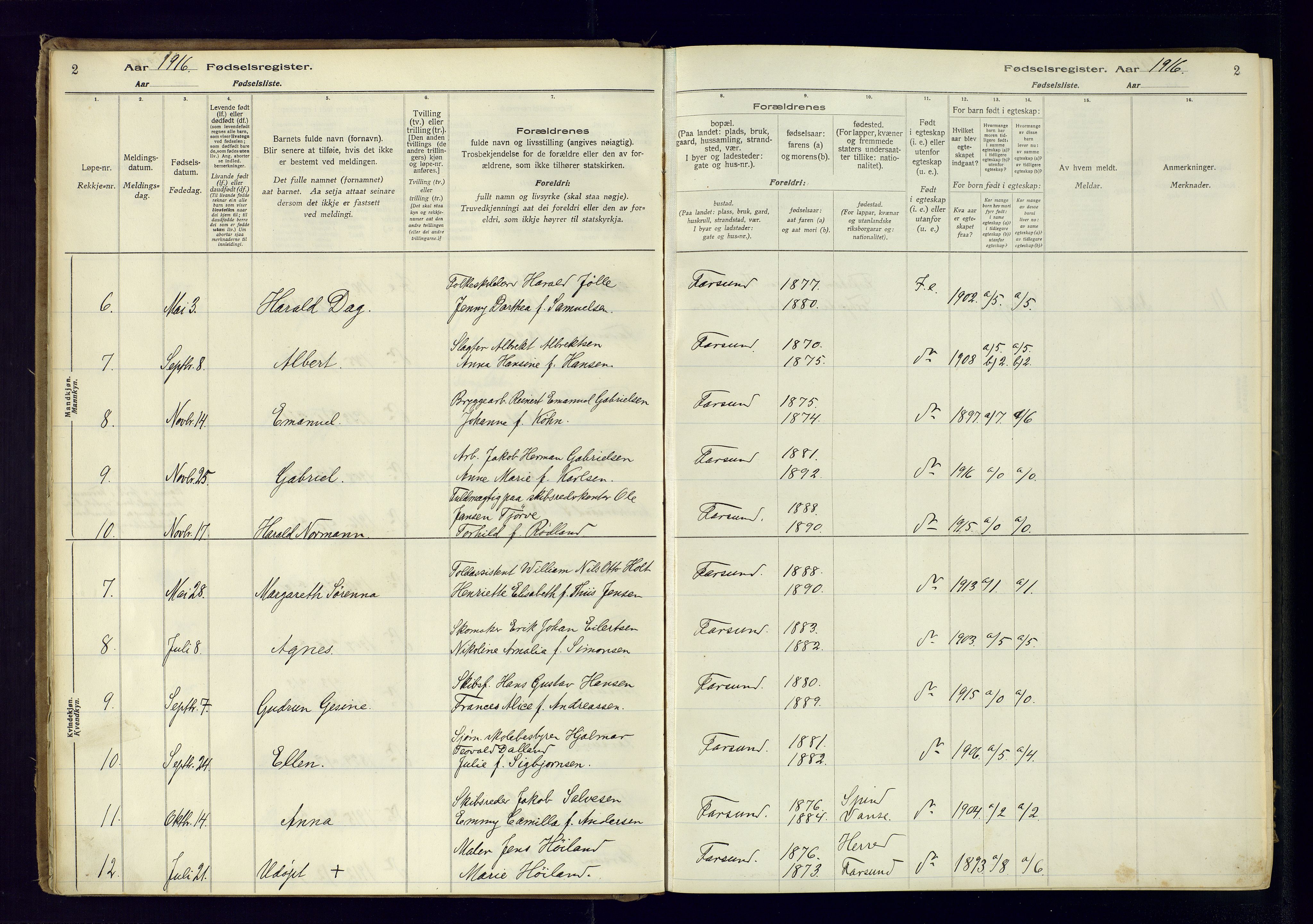 Farsund sokneprestkontor, SAK/1111-0009/J/Ja/L0001: Birth register no. A-VI-8, 1916-1950, p. 2
