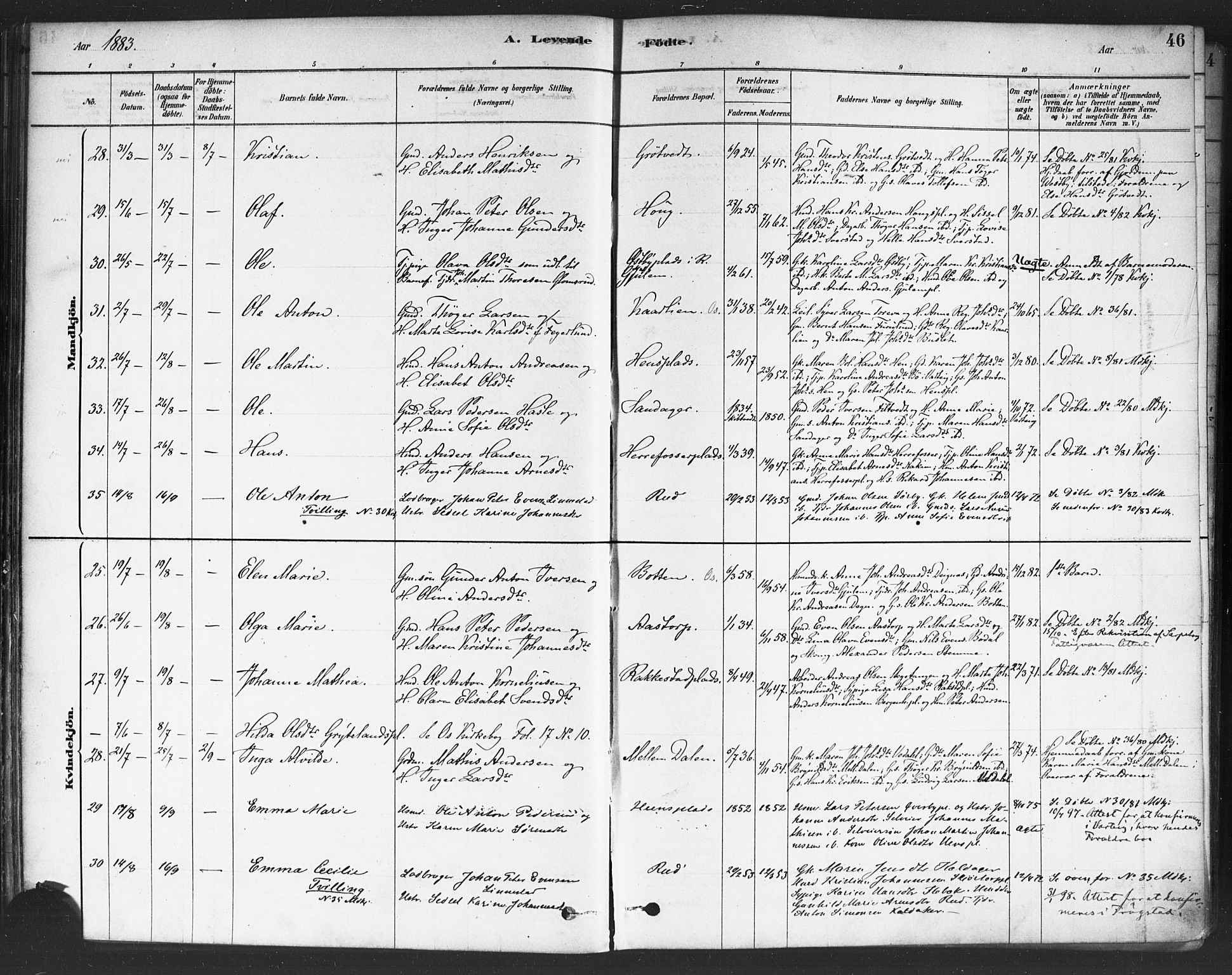 Rakkestad prestekontor Kirkebøker, AV/SAO-A-2008/F/Fa/L0012: Parish register (official) no. I 12, 1878-1893, p. 46