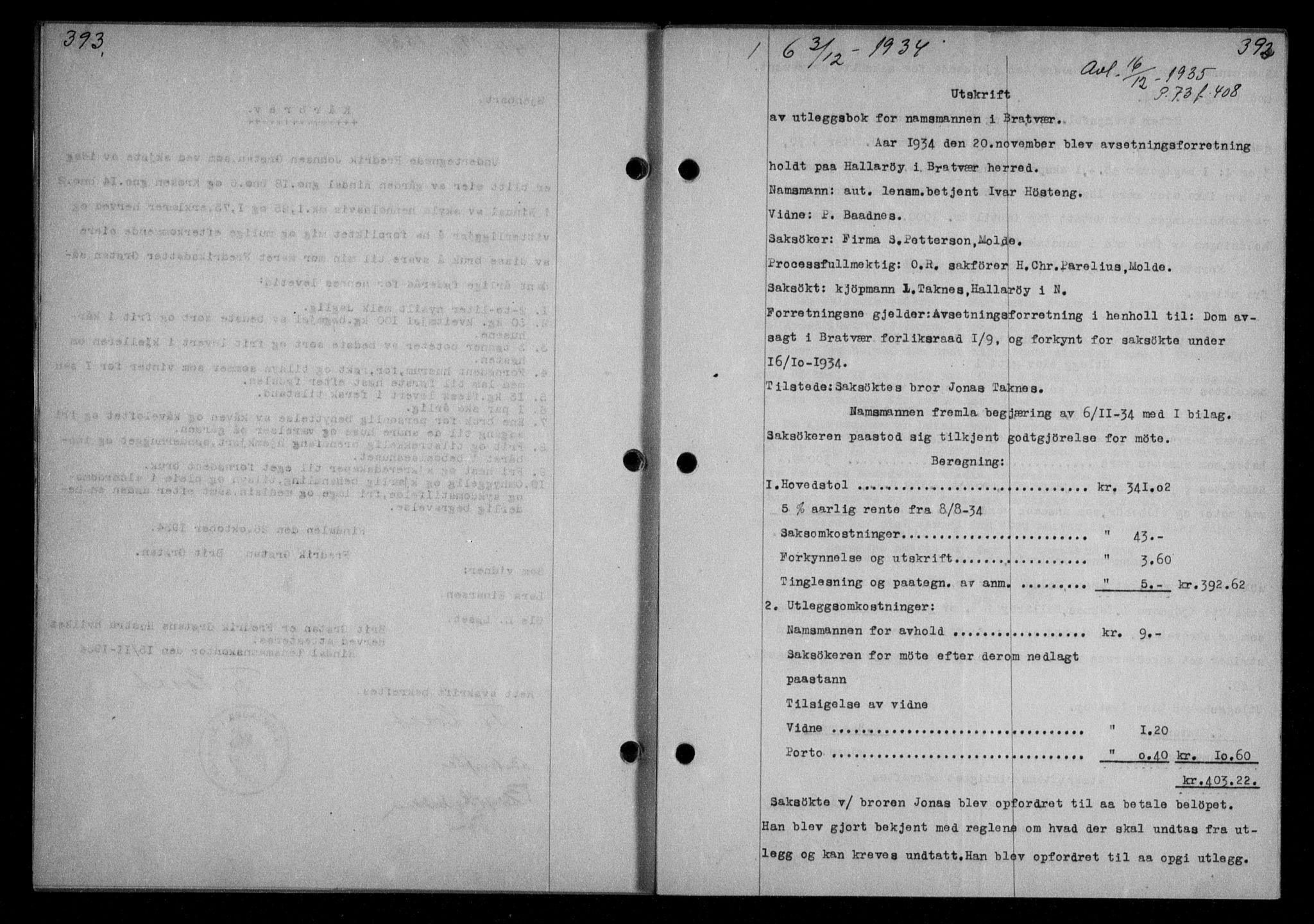 Nordmøre sorenskriveri, AV/SAT-A-4132/1/2/2Ca/L0082: Mortgage book no. 72, 1934-1934, Deed date: 03.12.1934