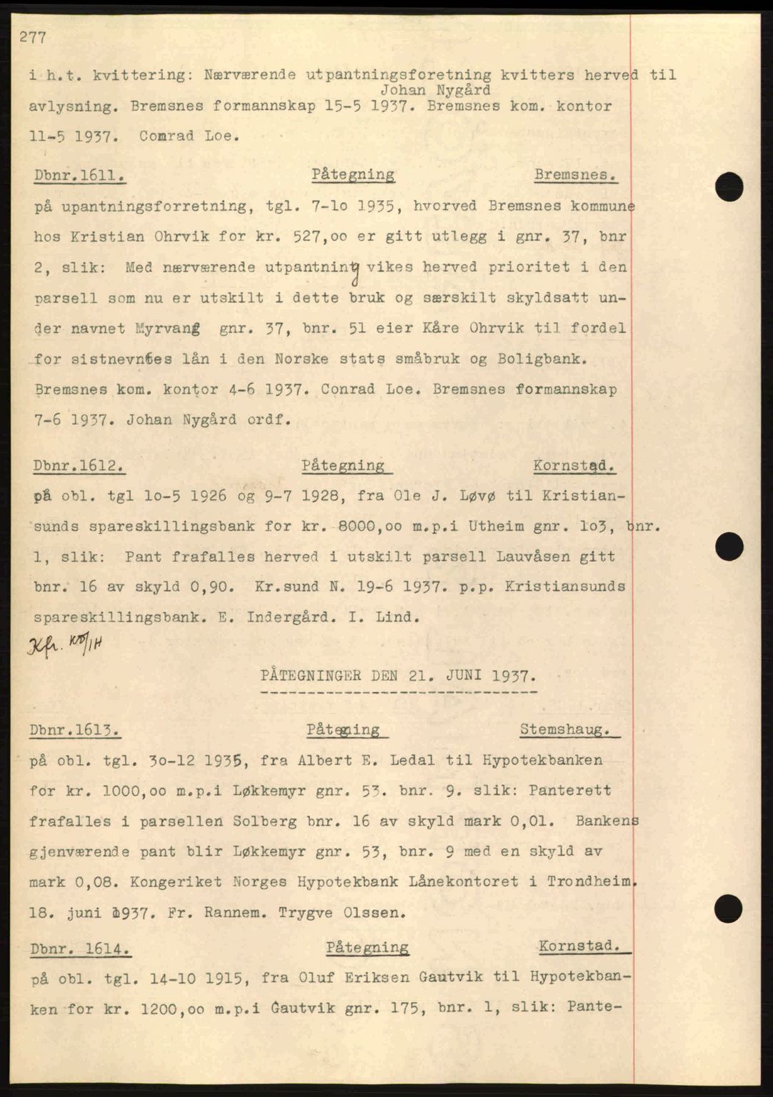 Nordmøre sorenskriveri, AV/SAT-A-4132/1/2/2Ca: Mortgage book no. C80, 1936-1939, Diary no: : 1611/1937