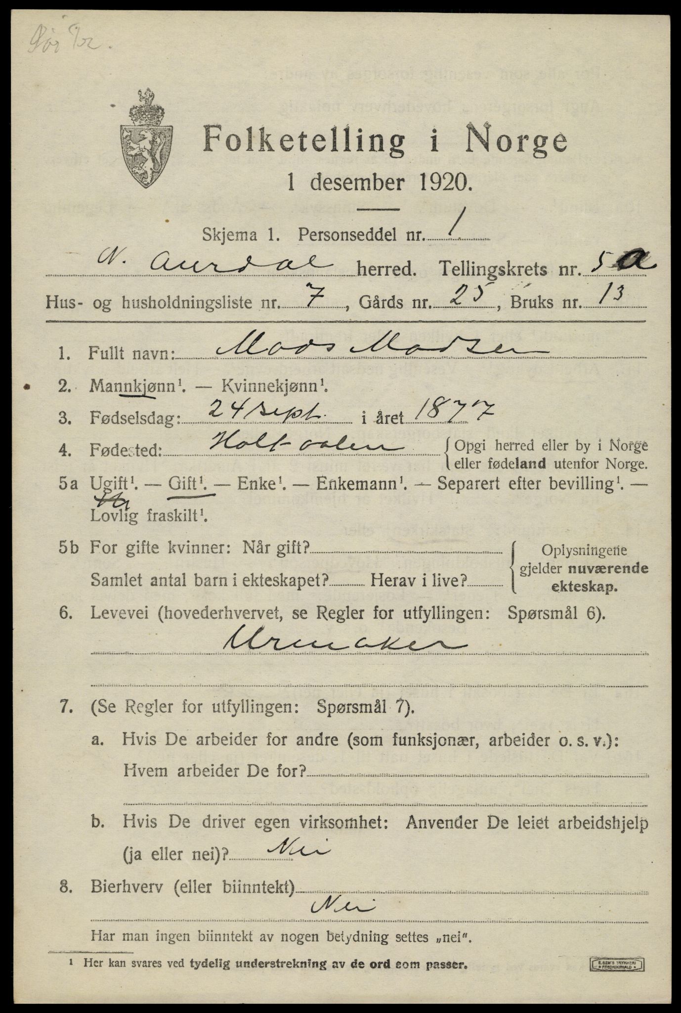 SAH, 1920 census for Nord-Aurdal, 1920, p. 4740