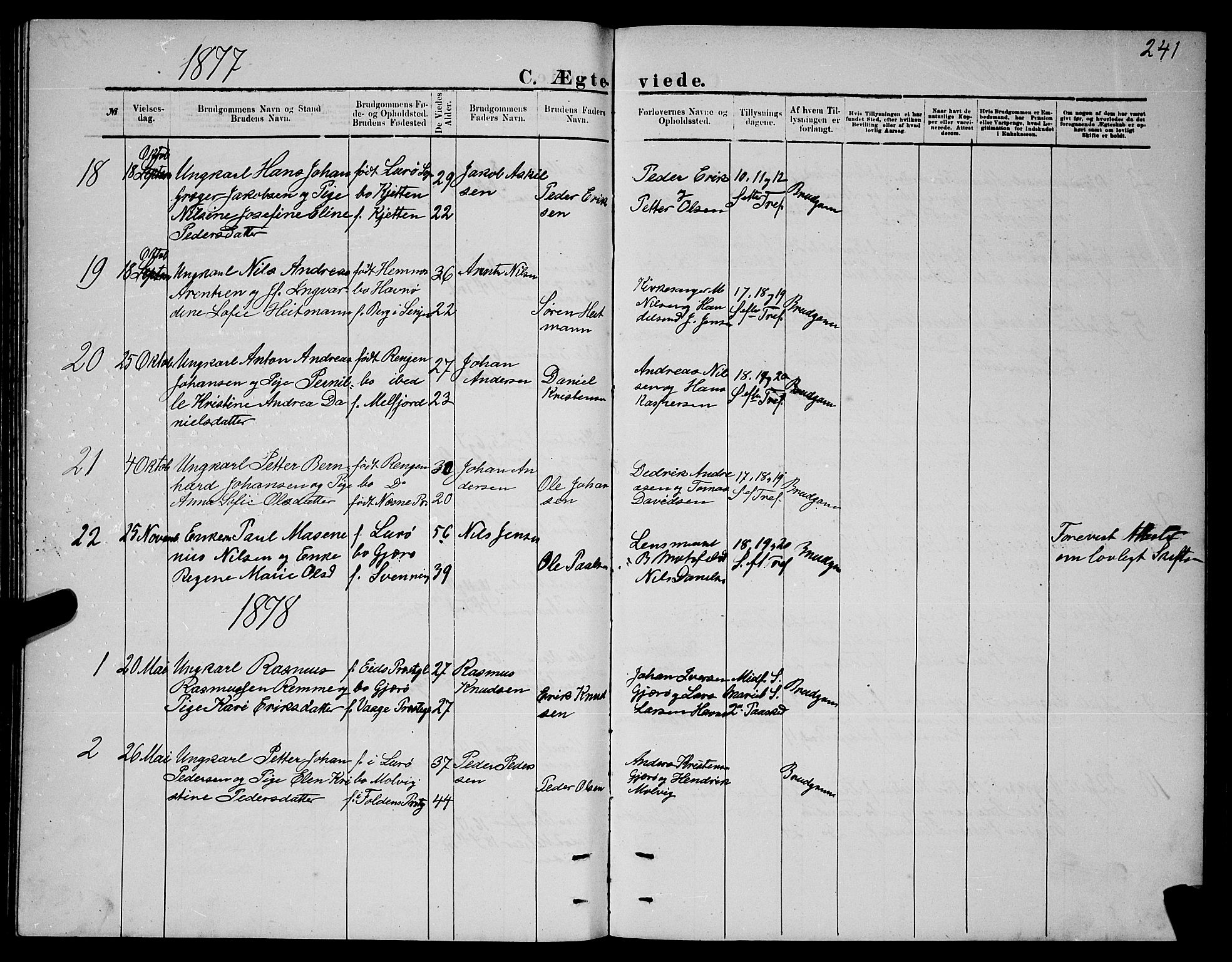Ministerialprotokoller, klokkerbøker og fødselsregistre - Nordland, SAT/A-1459/841/L0620: Parish register (copy) no. 841C04, 1877-1896, p. 241