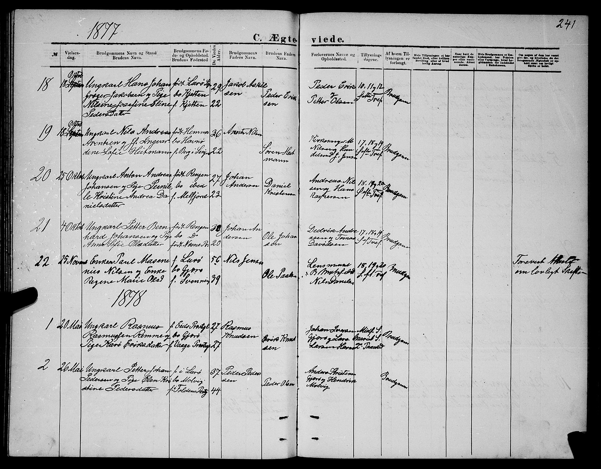 Ministerialprotokoller, klokkerbøker og fødselsregistre - Nordland, AV/SAT-A-1459/841/L0620: Parish register (copy) no. 841C04, 1877-1896, p. 241