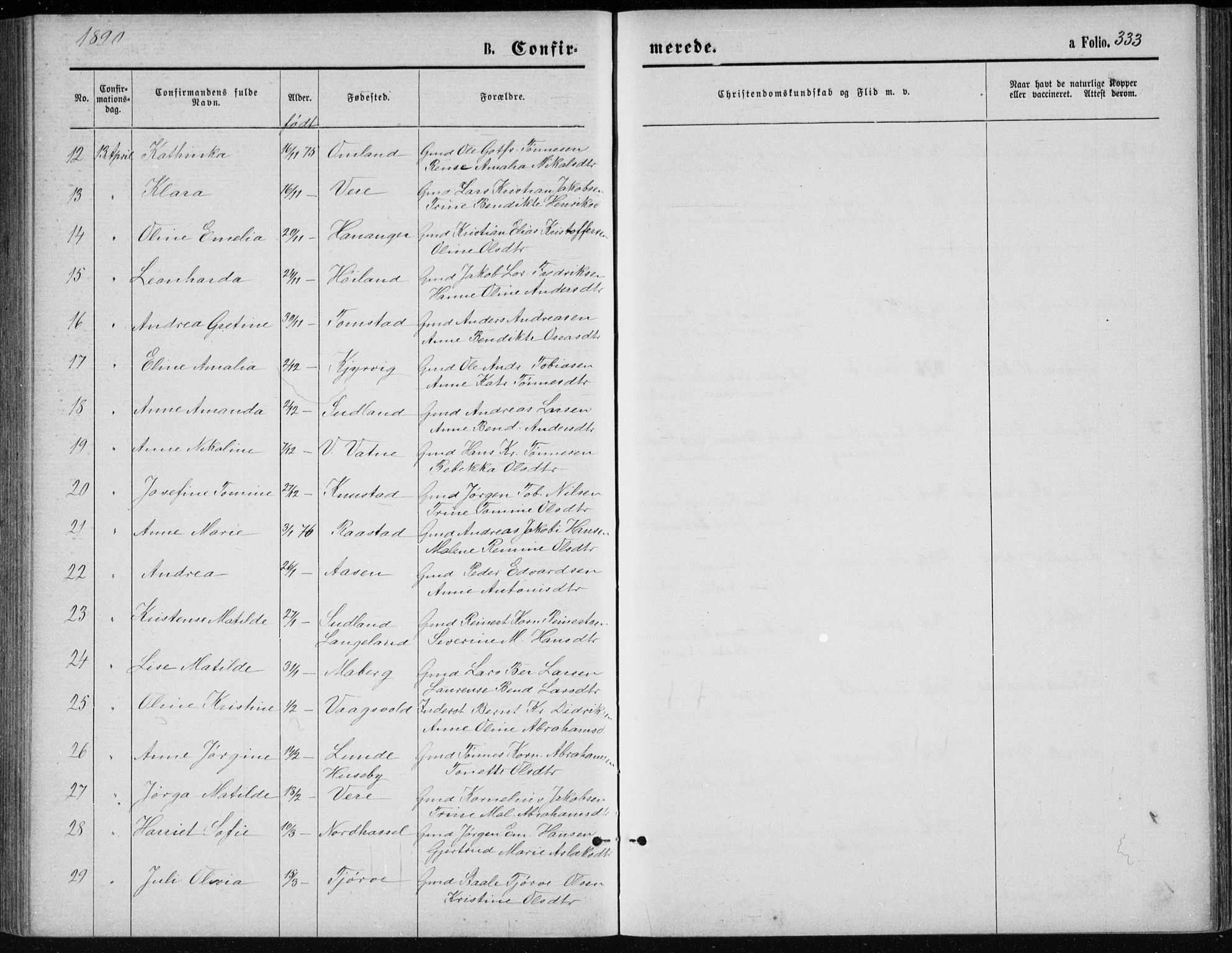 Lista sokneprestkontor, AV/SAK-1111-0027/F/Fb/L0004: Parish register (copy) no. B 4, 1877-1891, p. 333