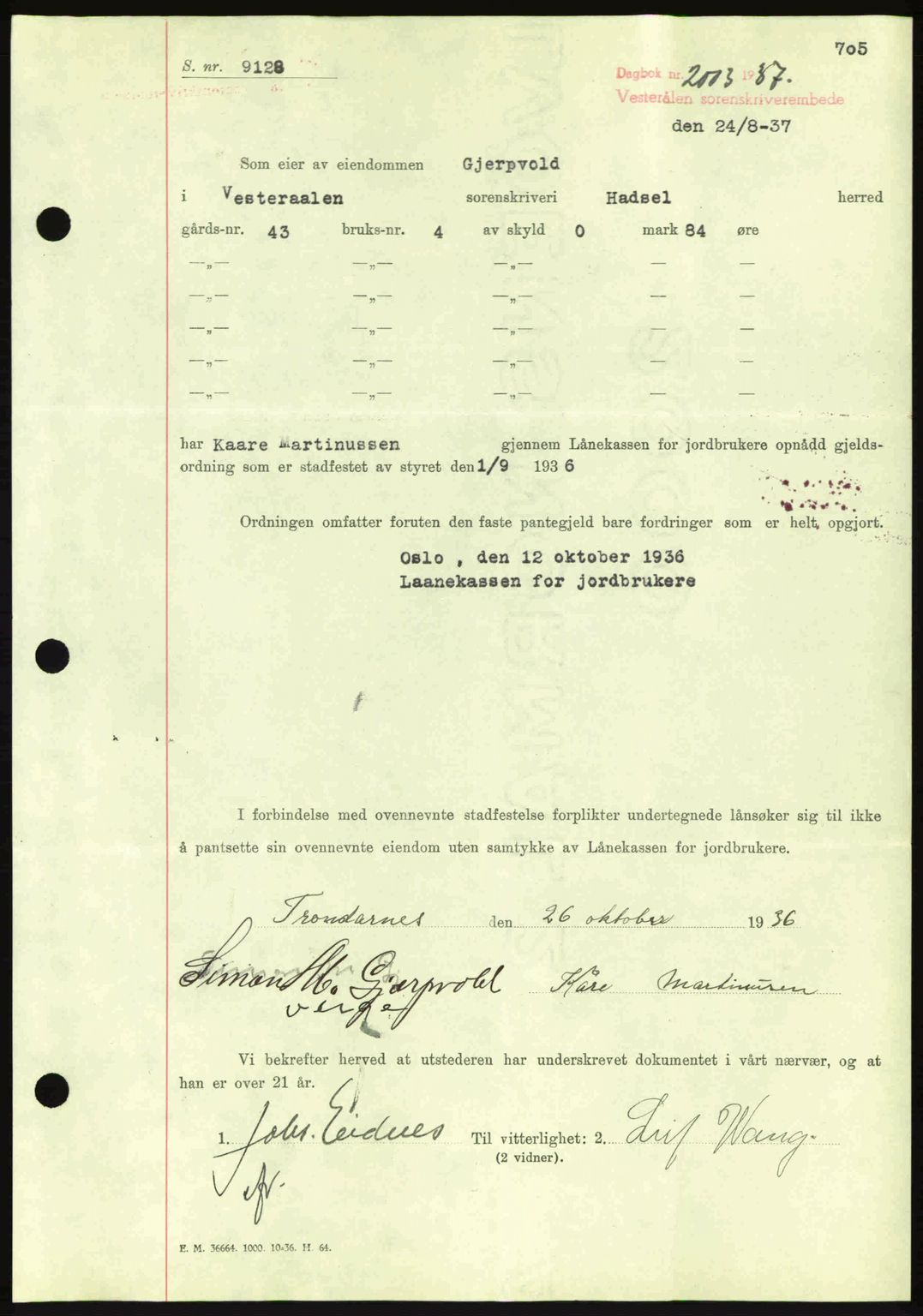 Vesterålen sorenskriveri, AV/SAT-A-4180/1/2/2Ca: Mortgage book no. B1-5, 1936-1938, Diary no: : 2003/1937