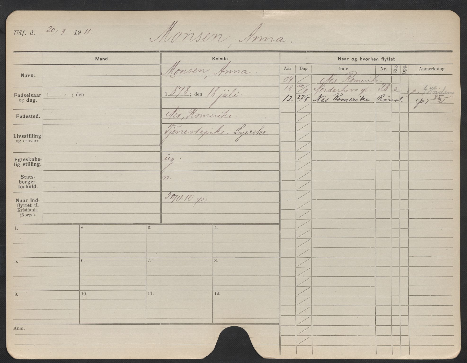 Oslo folkeregister, Registerkort, AV/SAO-A-11715/F/Fa/Fac/L0020: Kvinner, 1906-1914, p. 1028a