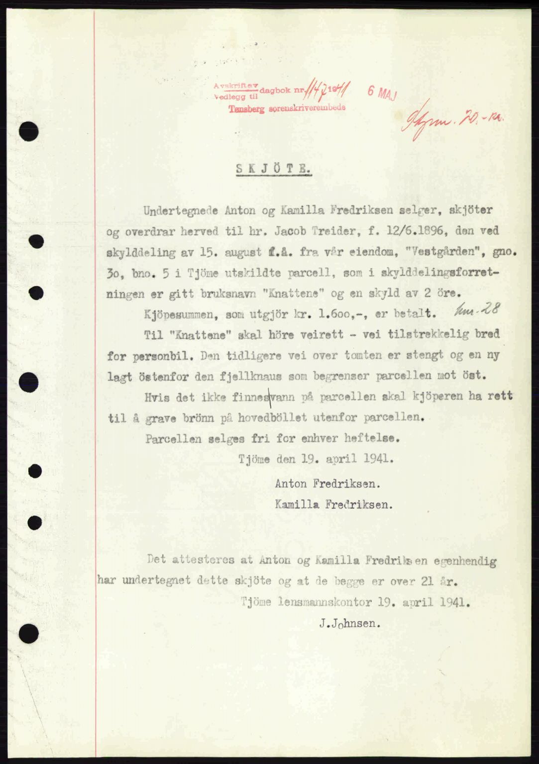 Tønsberg sorenskriveri, AV/SAKO-A-130/G/Ga/Gaa/L0010: Mortgage book no. A10, 1941-1941, Diary no: : 1147/1941