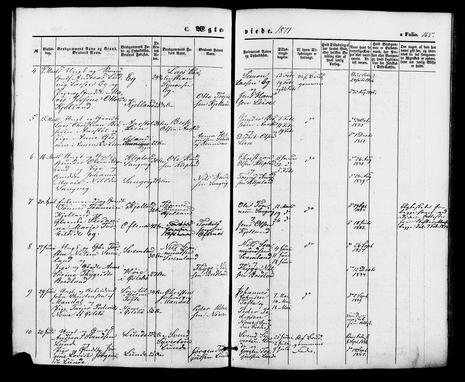 Søgne sokneprestkontor, SAK/1111-0037/F/Fa/Fab/L0011: Parish register (official) no. A 11, 1869-1879, p. 165