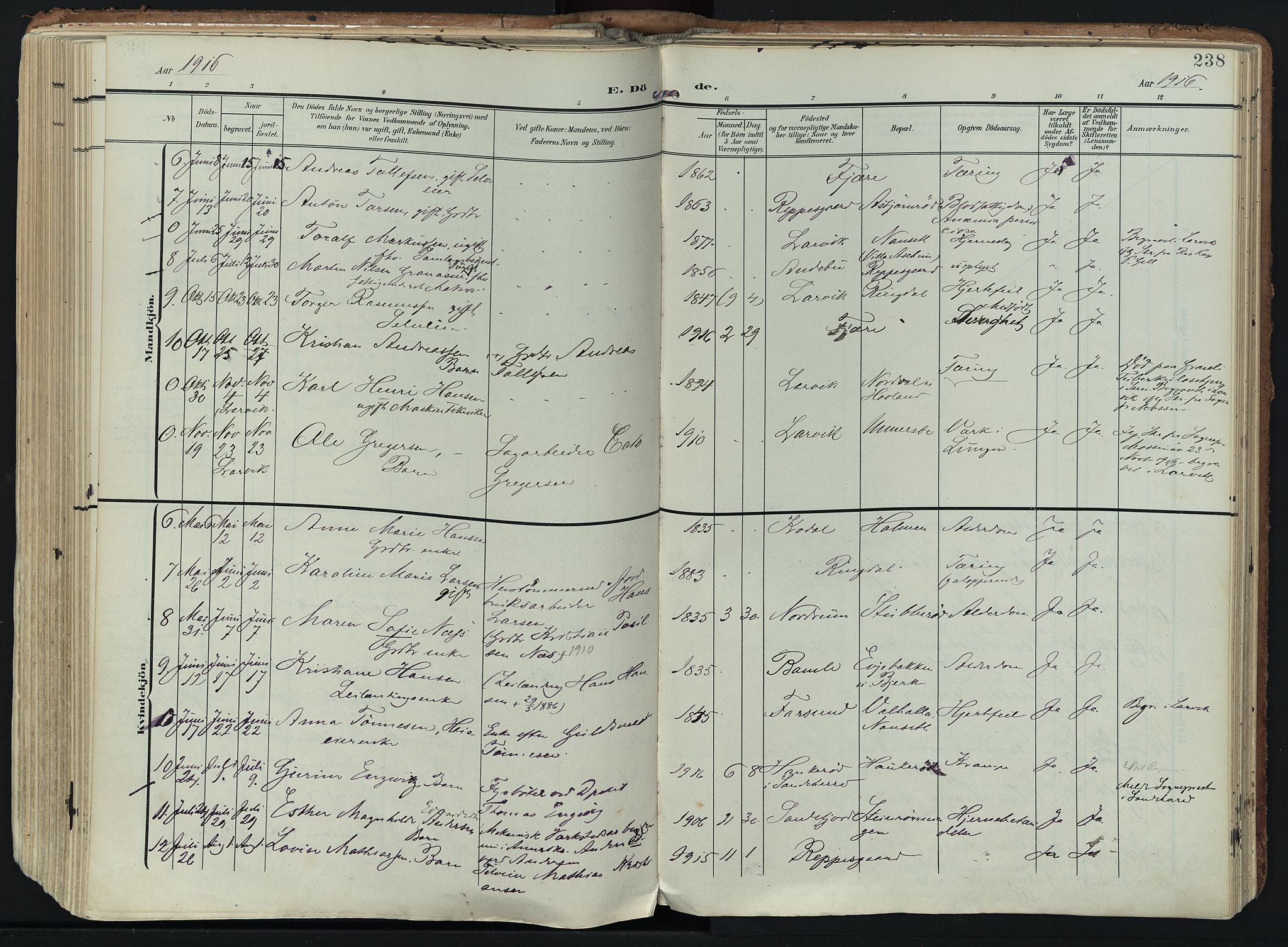 Hedrum kirkebøker, AV/SAKO-A-344/F/Fa/L0010: Parish register (official) no. I 10, 1904-1918, p. 238