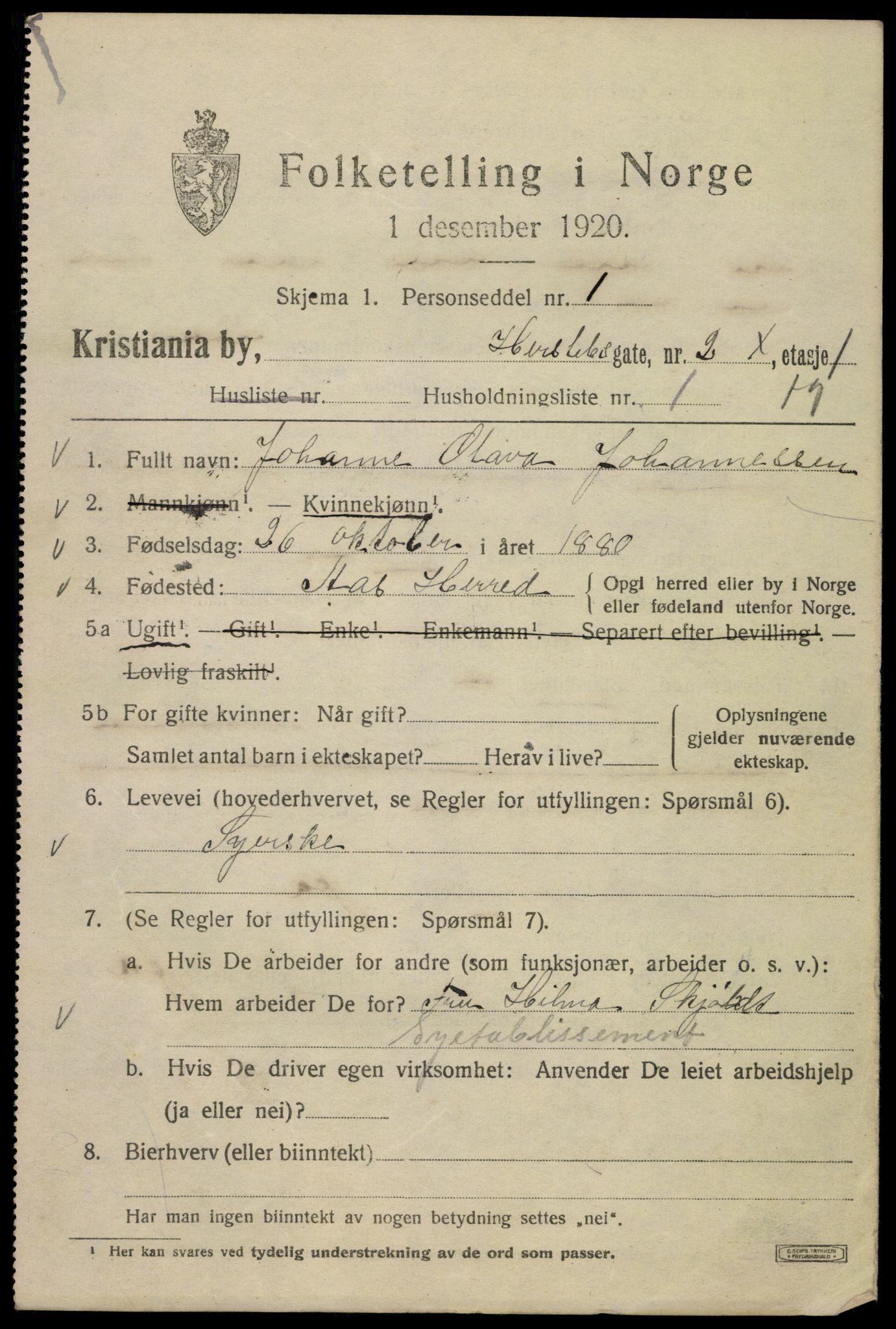 SAO, 1920 census for Kristiania, 1920, p. 289107