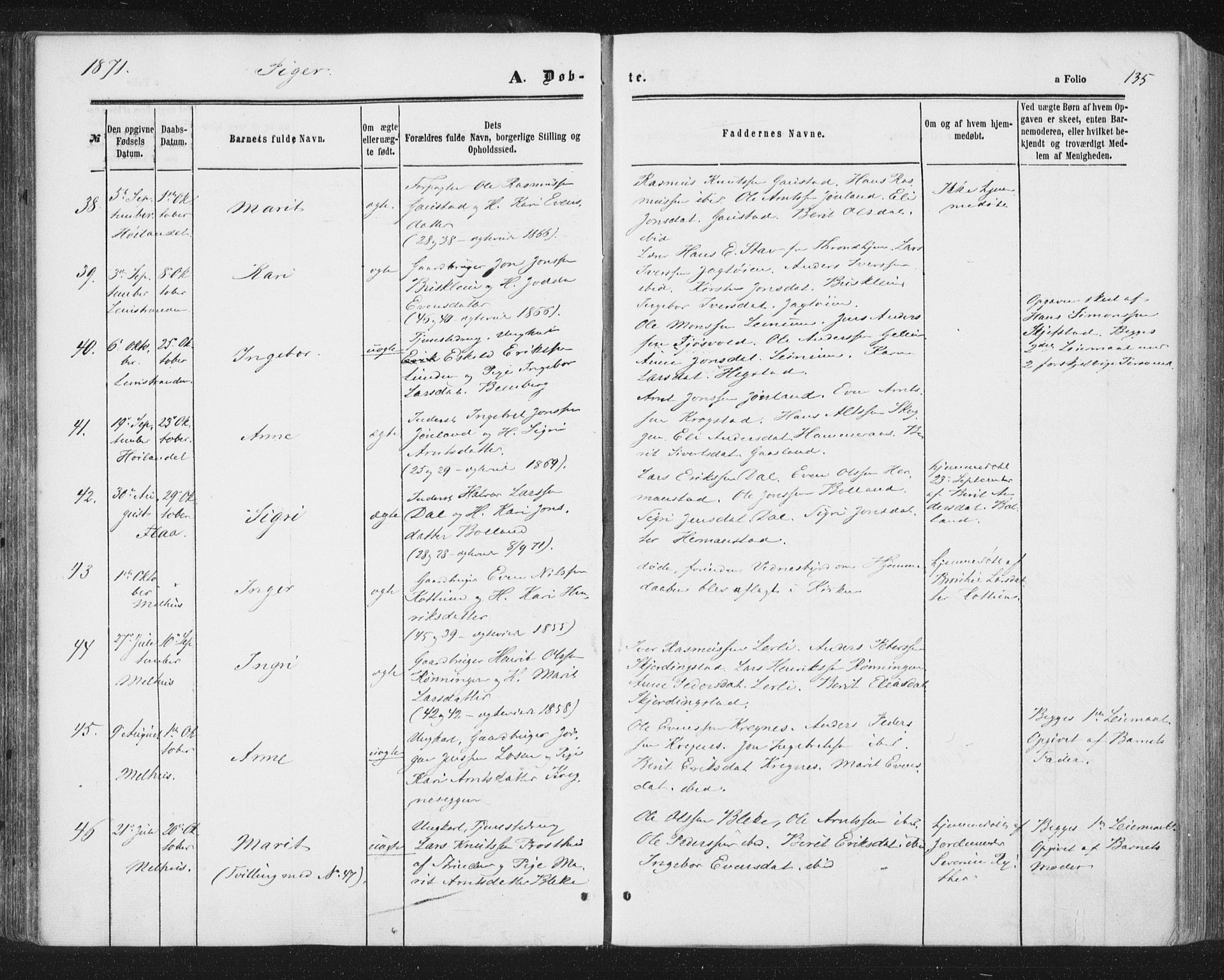 Ministerialprotokoller, klokkerbøker og fødselsregistre - Sør-Trøndelag, SAT/A-1456/691/L1077: Parish register (official) no. 691A09, 1862-1873, p. 135