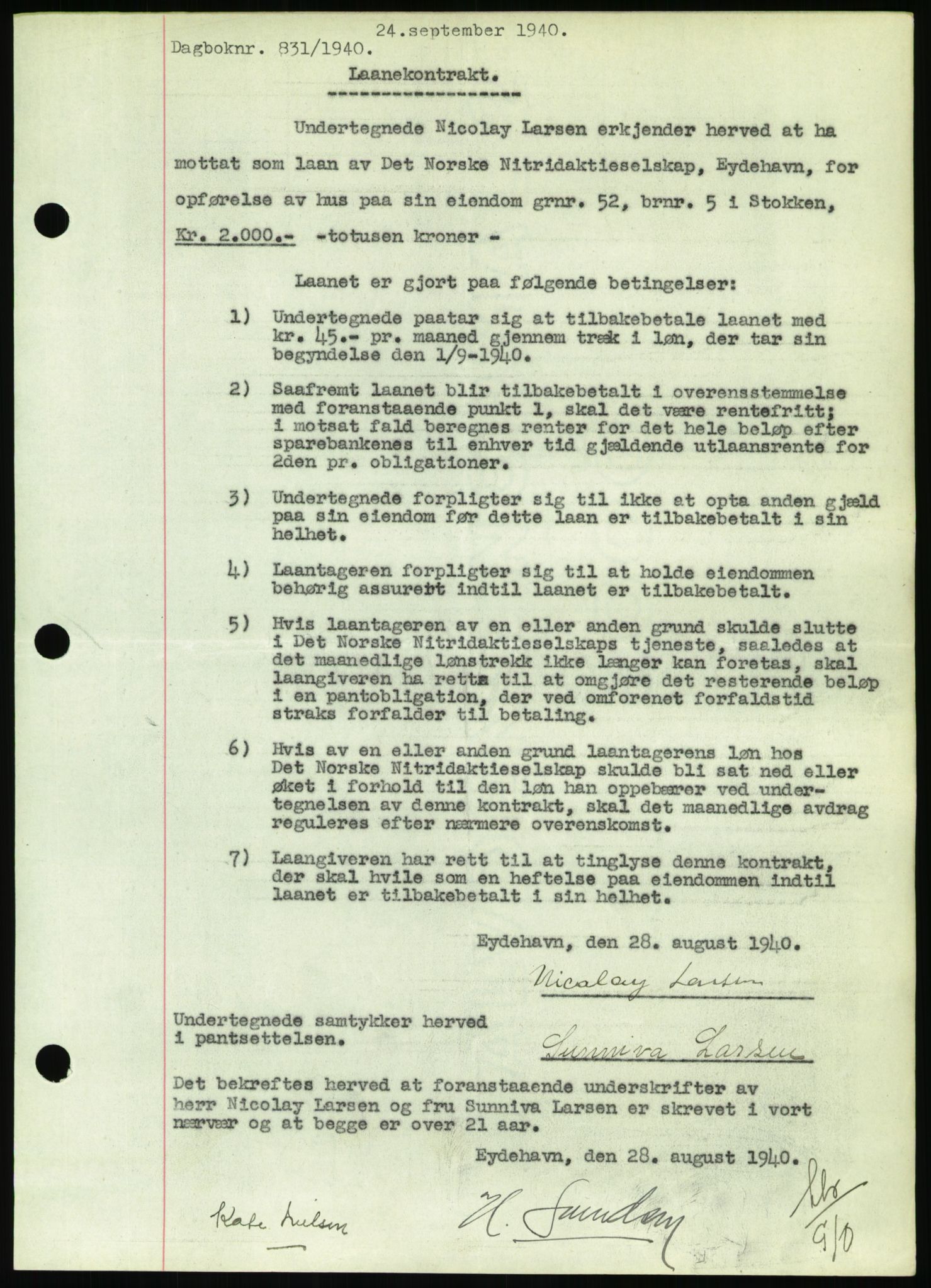 Nedenes sorenskriveri, SAK/1221-0006/G/Gb/Gbb/L0001: Mortgage book no. I, 1939-1942, Diary no: : 831/1940