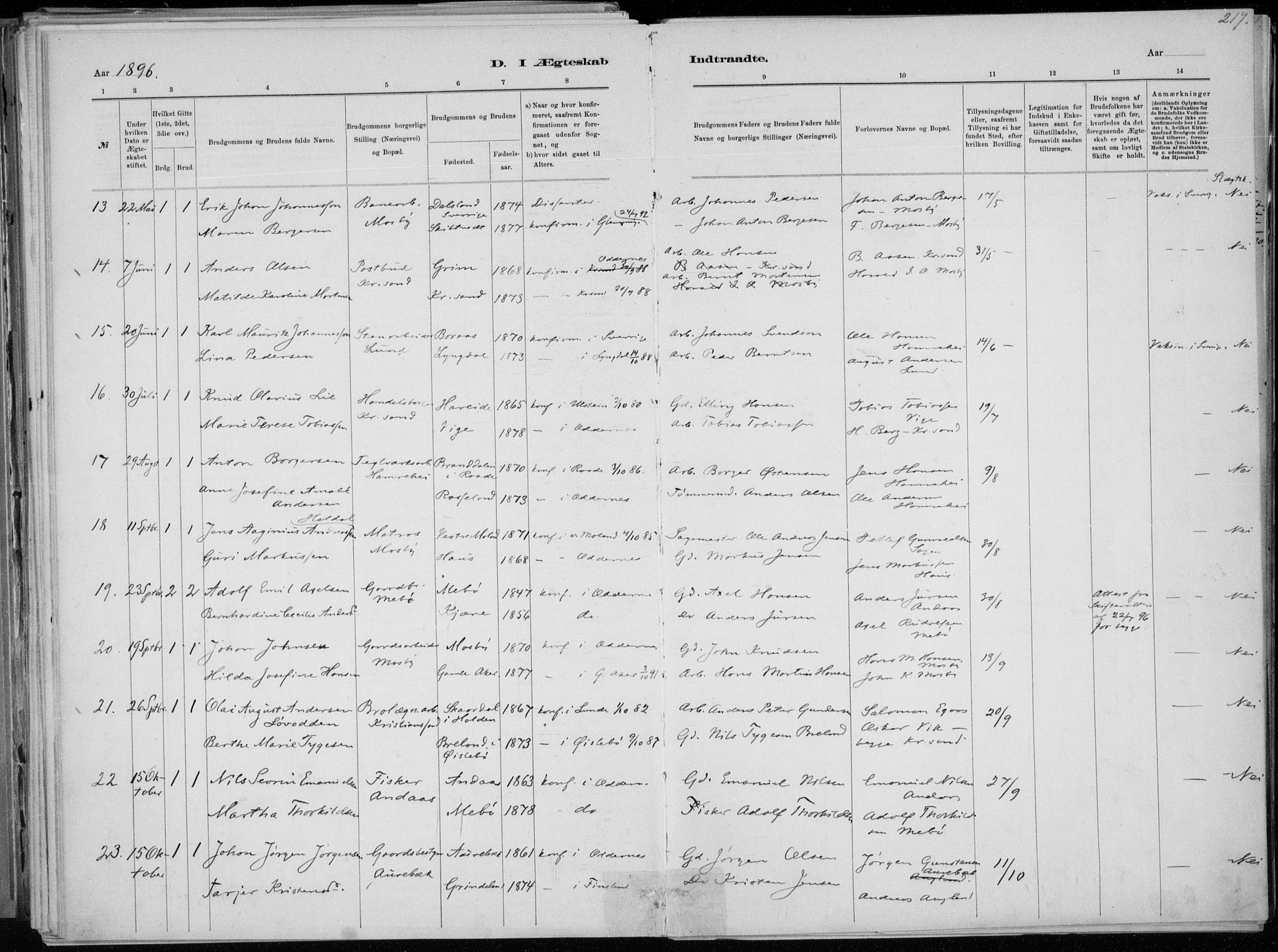 Oddernes sokneprestkontor, AV/SAK-1111-0033/F/Fa/Faa/L0009: Parish register (official) no. A 9, 1884-1896, p. 217