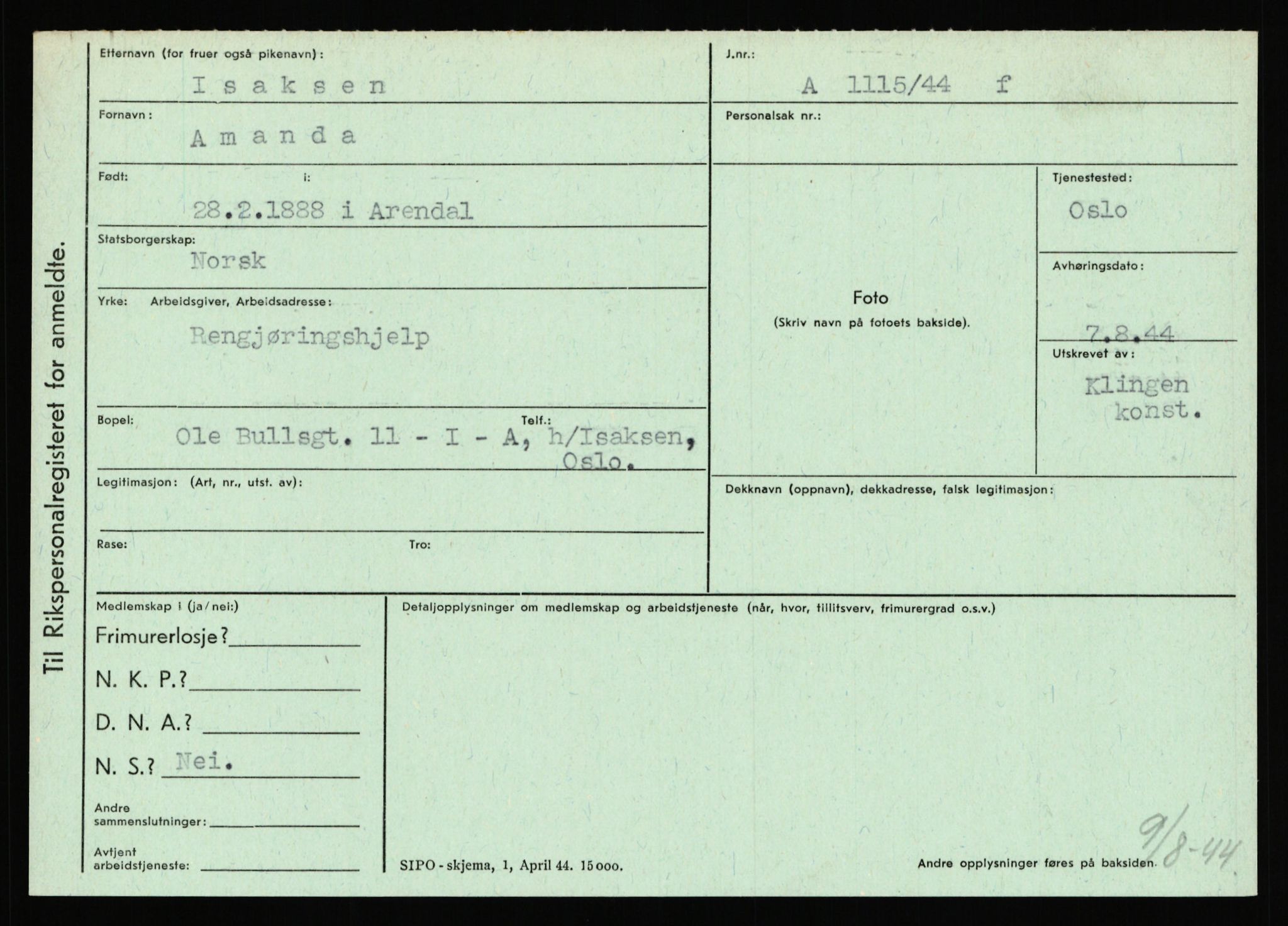 Statspolitiet - Hovedkontoret / Osloavdelingen, AV/RA-S-1329/C/Ca/L0007: Hol - Joelsen, 1943-1945, p. 2467