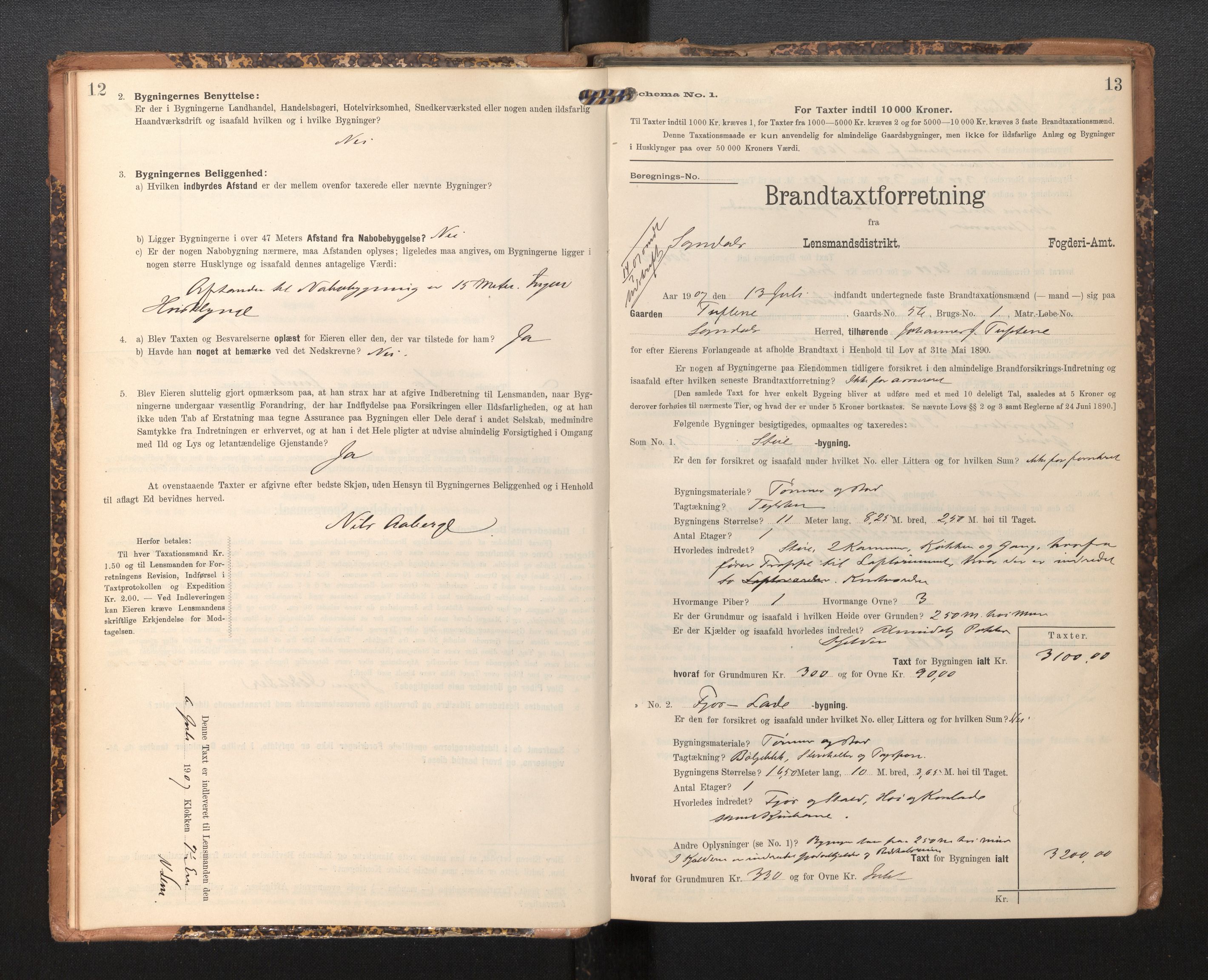 Lensmannen i Sogndal, AV/SAB-A-29901/0012/L0010: Branntakstprotokoll, skjematakst, 1907-1914, p. 12-13