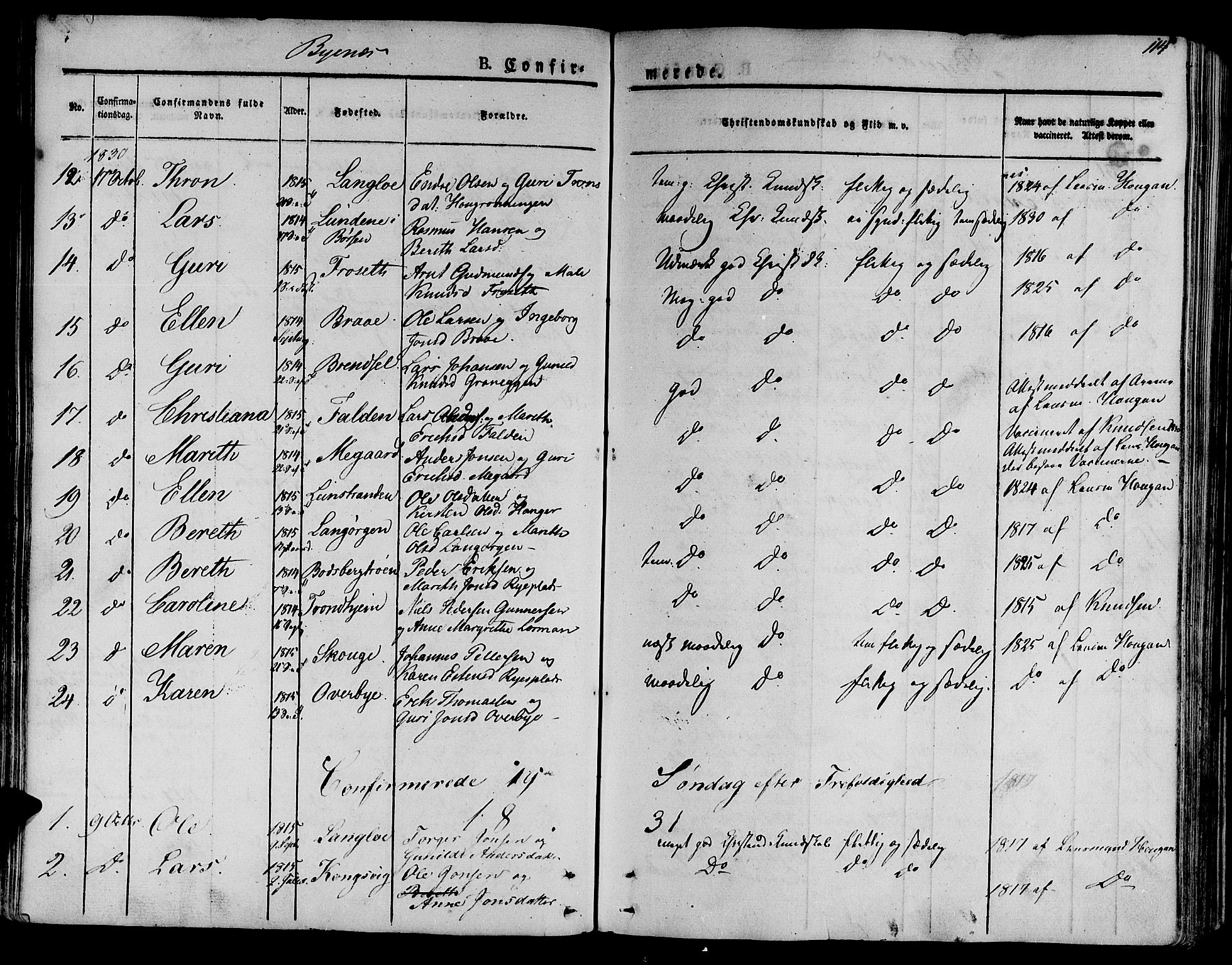 Ministerialprotokoller, klokkerbøker og fødselsregistre - Sør-Trøndelag, AV/SAT-A-1456/612/L0374: Parish register (official) no. 612A07 /1, 1829-1845, p. 114