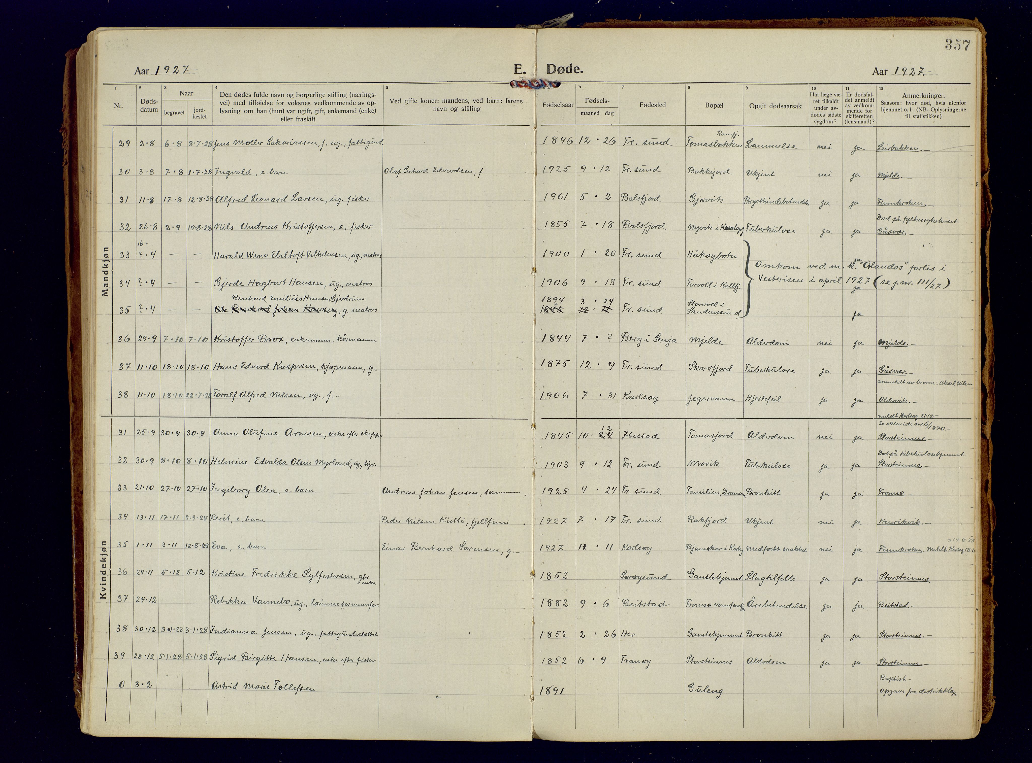 Tromsøysund sokneprestkontor, AV/SATØ-S-1304/G/Ga/L0009kirke: Parish register (official) no. 9, 1922-1934, p. 357