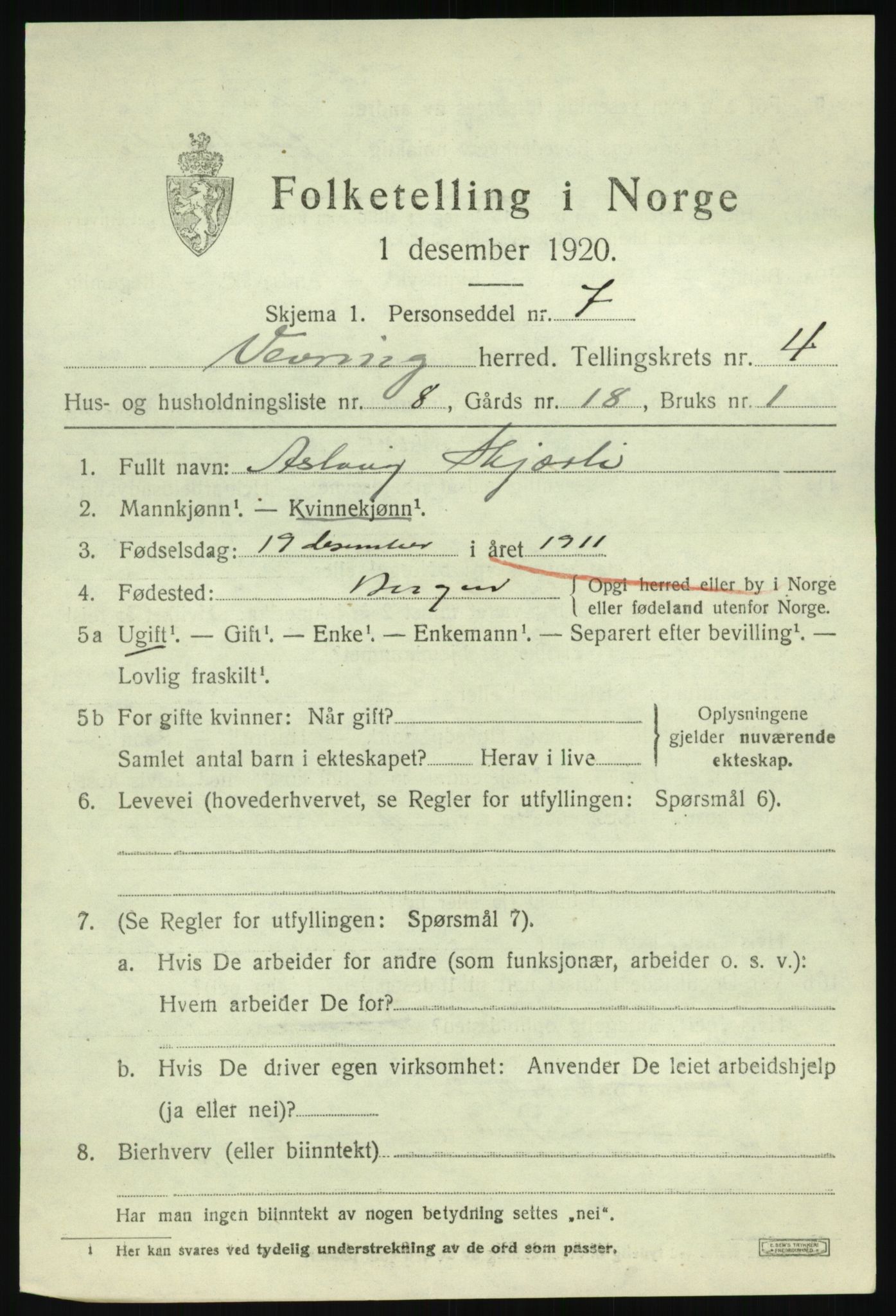 SAB, 1920 census for Vevring, 1920, p. 1414