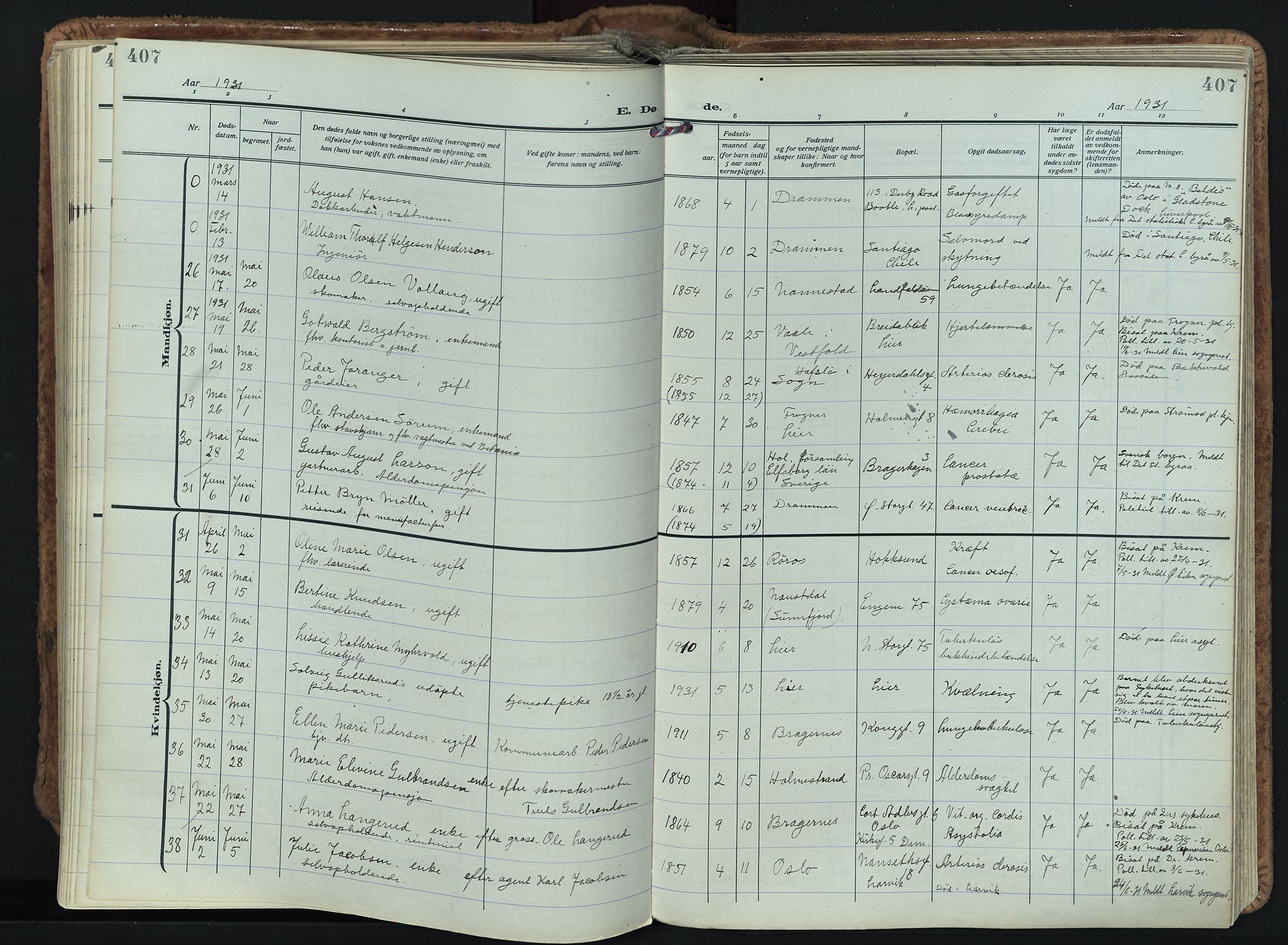 Bragernes kirkebøker, AV/SAKO-A-6/F/Fb/L0011: Parish register (official) no. II 11, 1922-1945, p. 407