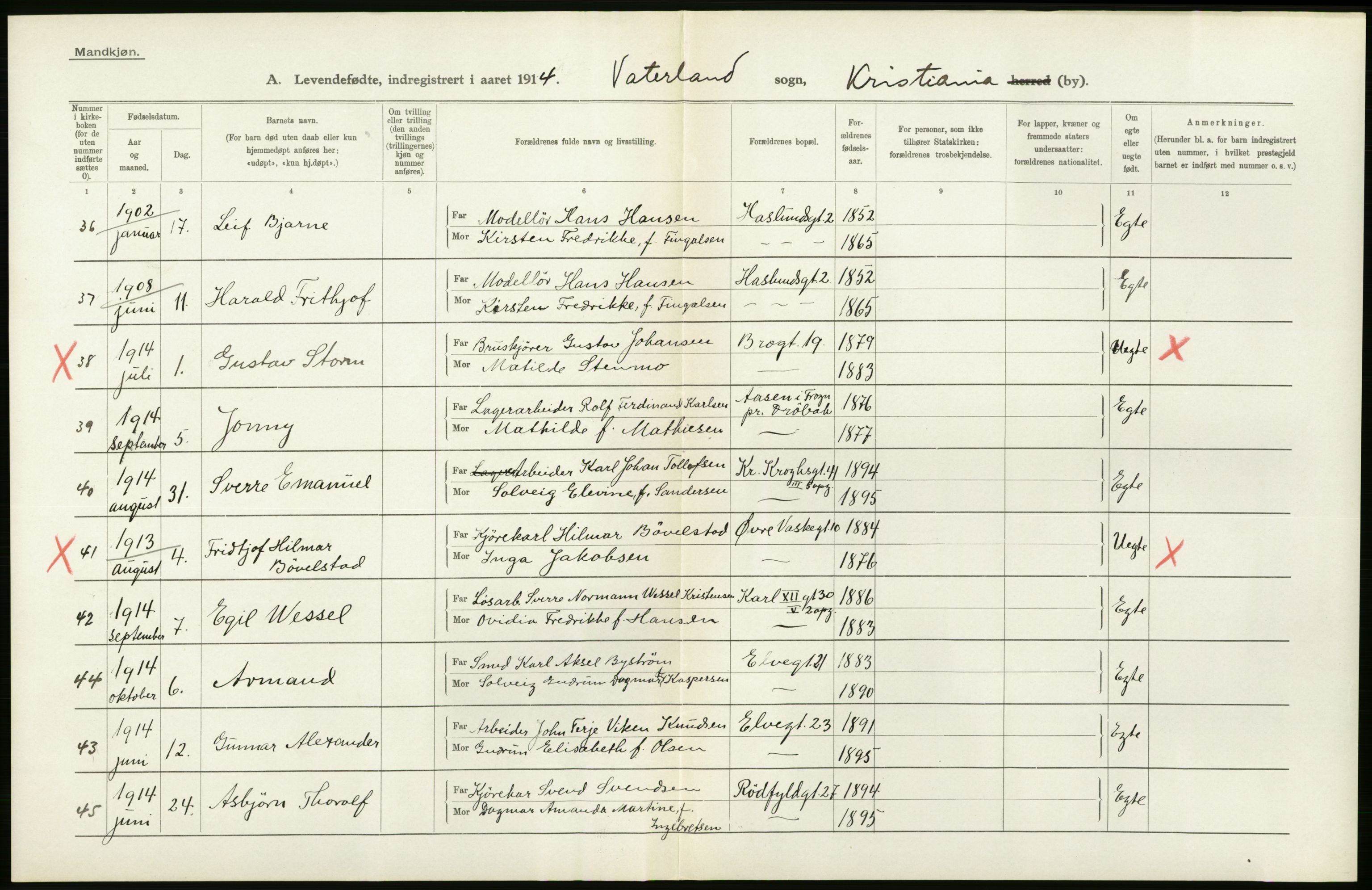 Statistisk sentralbyrå, Sosiodemografiske emner, Befolkning, RA/S-2228/D/Df/Dfb/Dfbd/L0005: Kristiania: Levendefødte menn og kvinner., 1914, p. 422