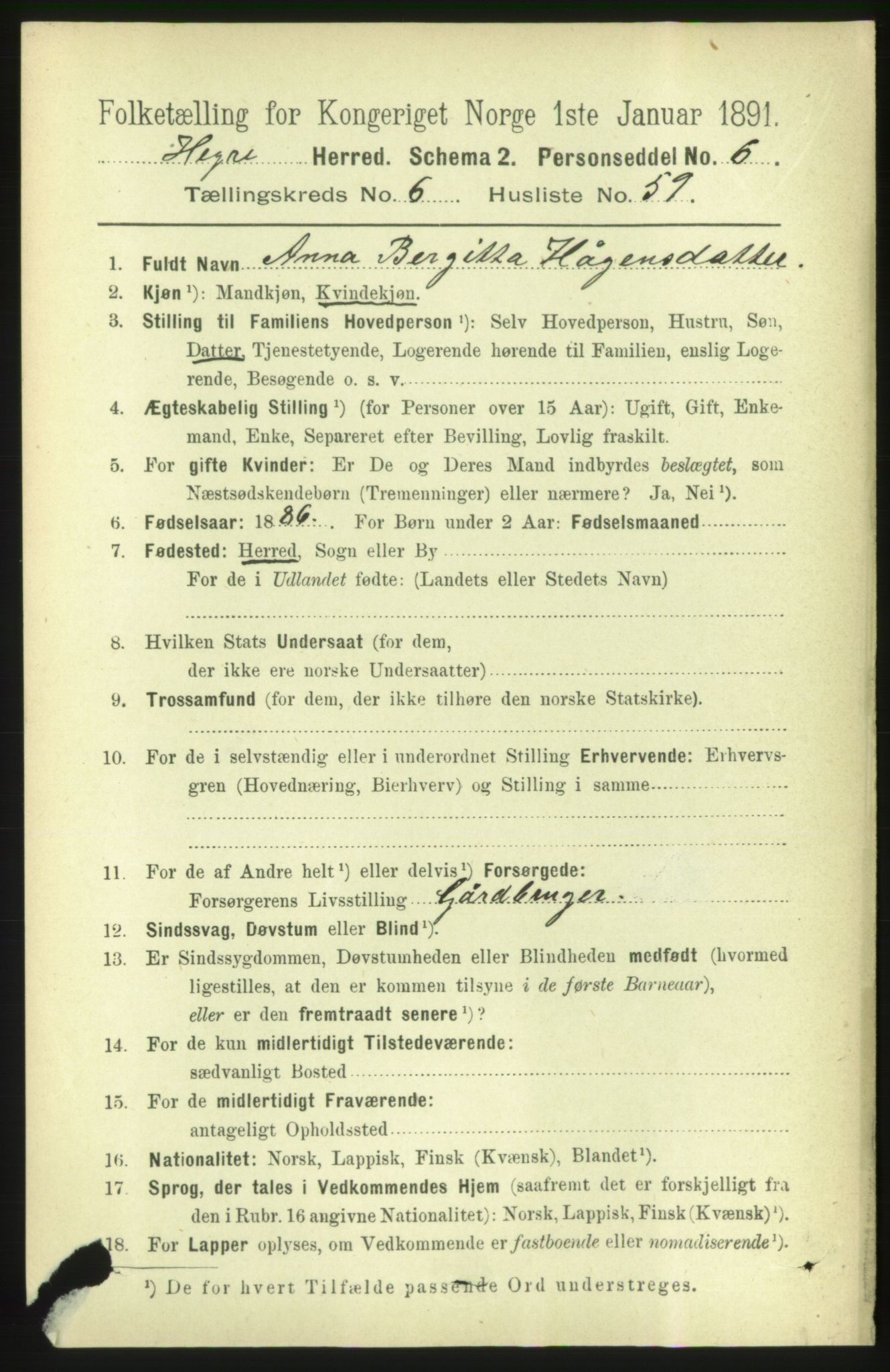 RA, 1891 census for 1712 Hegra, 1891, p. 2743