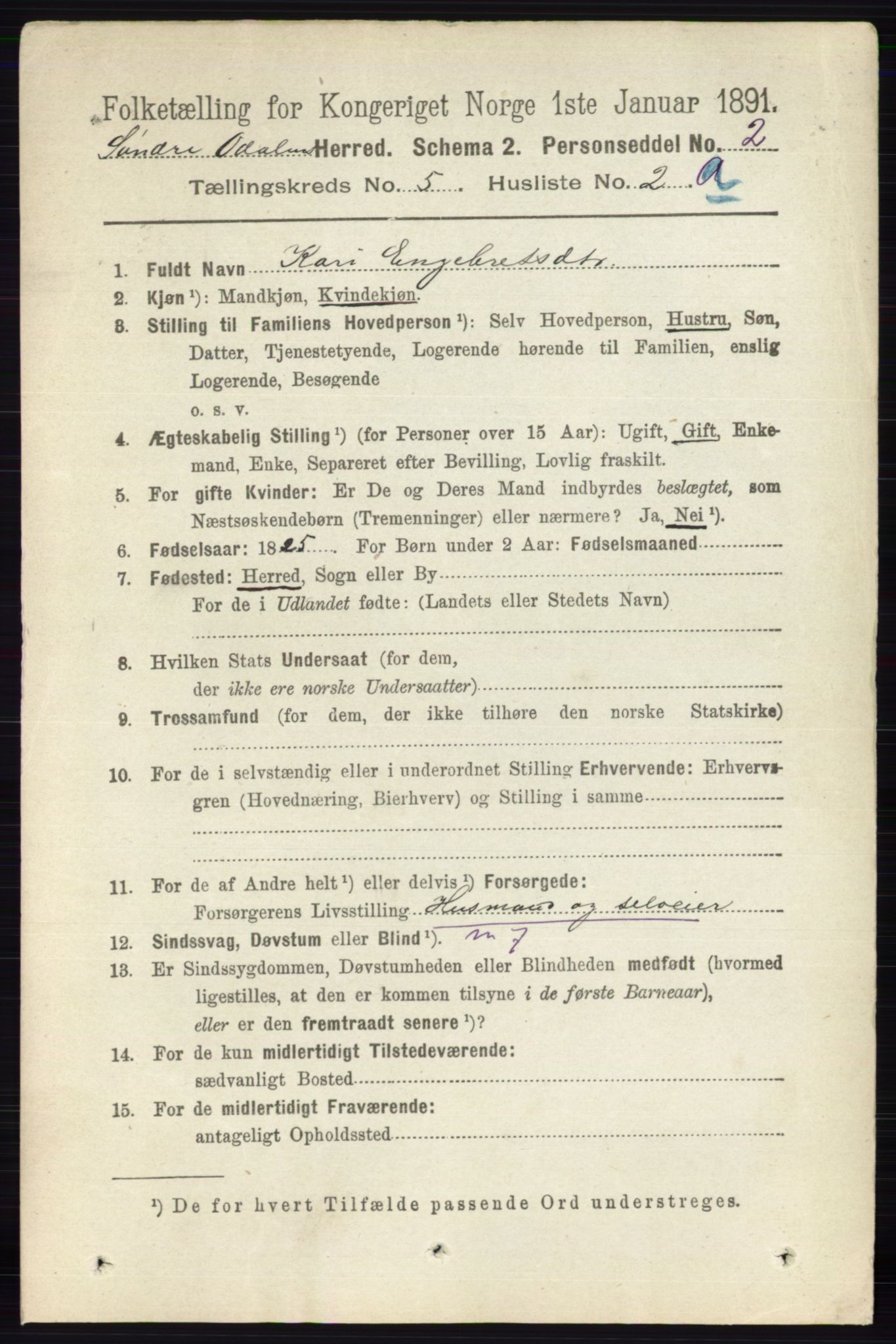 RA, 1891 census for 0419 Sør-Odal, 1891, p. 2331