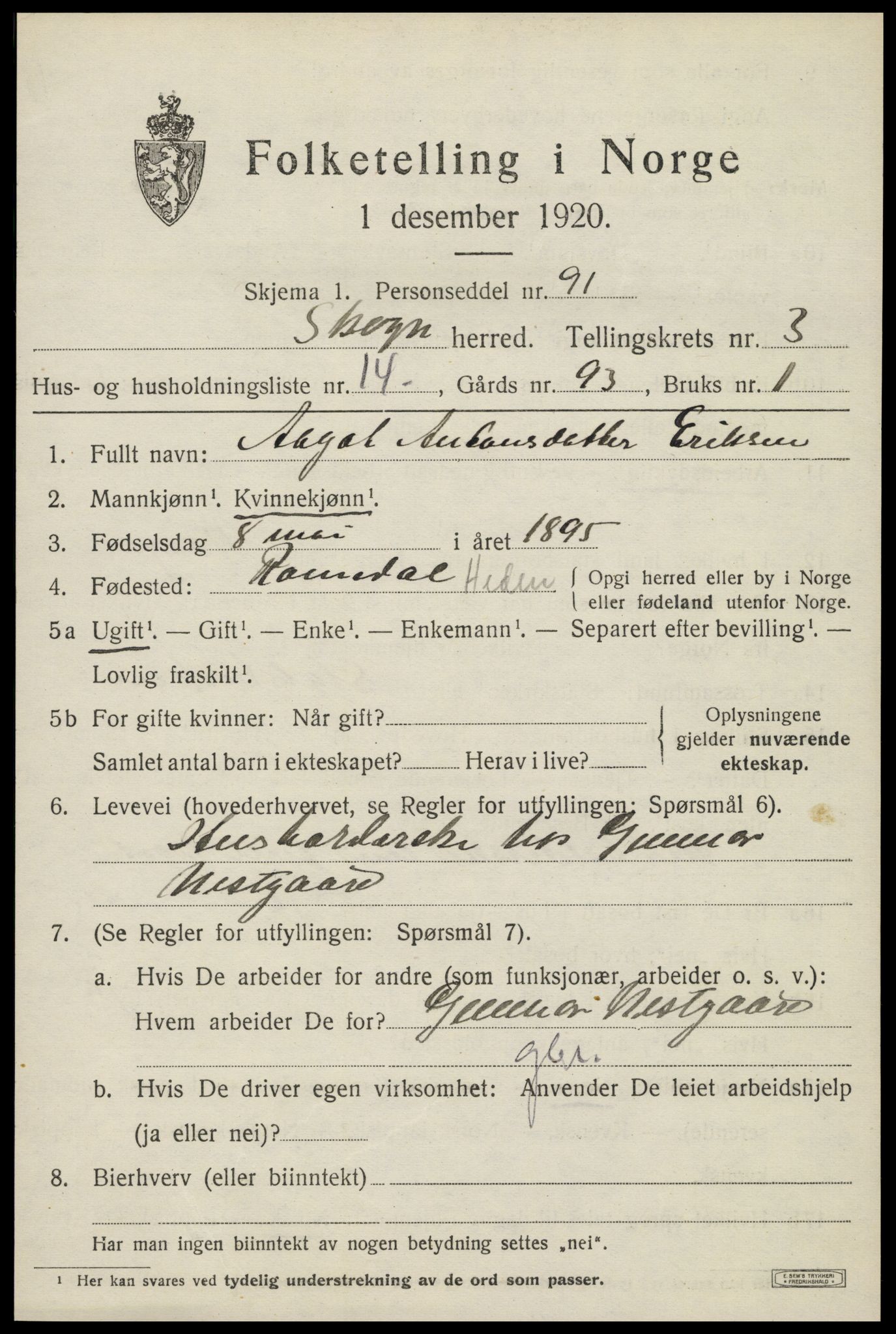 SAT, 1920 census for Skogn, 1920, p. 4775