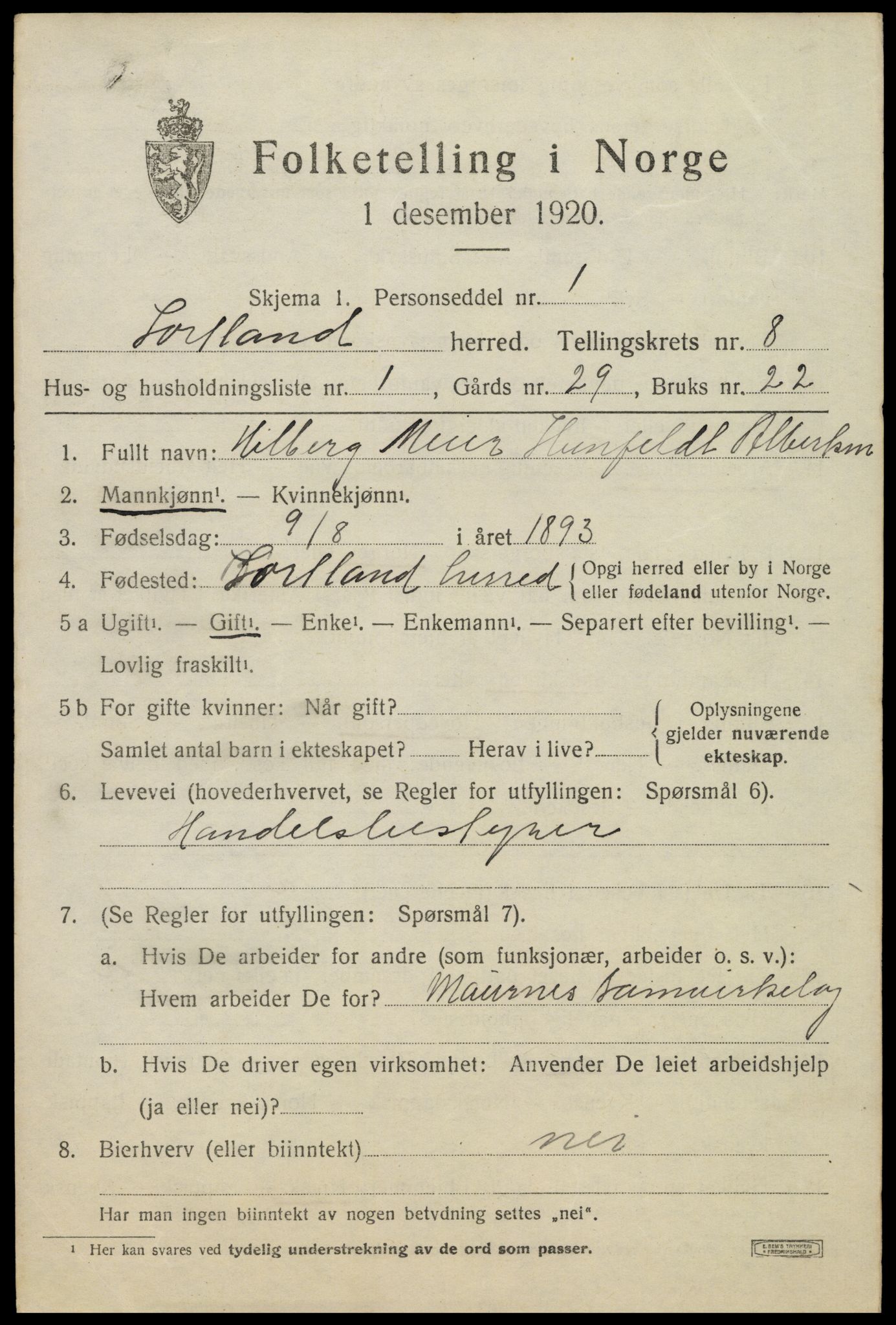 SAT, 1920 census for Sortland, 1920, p. 6774